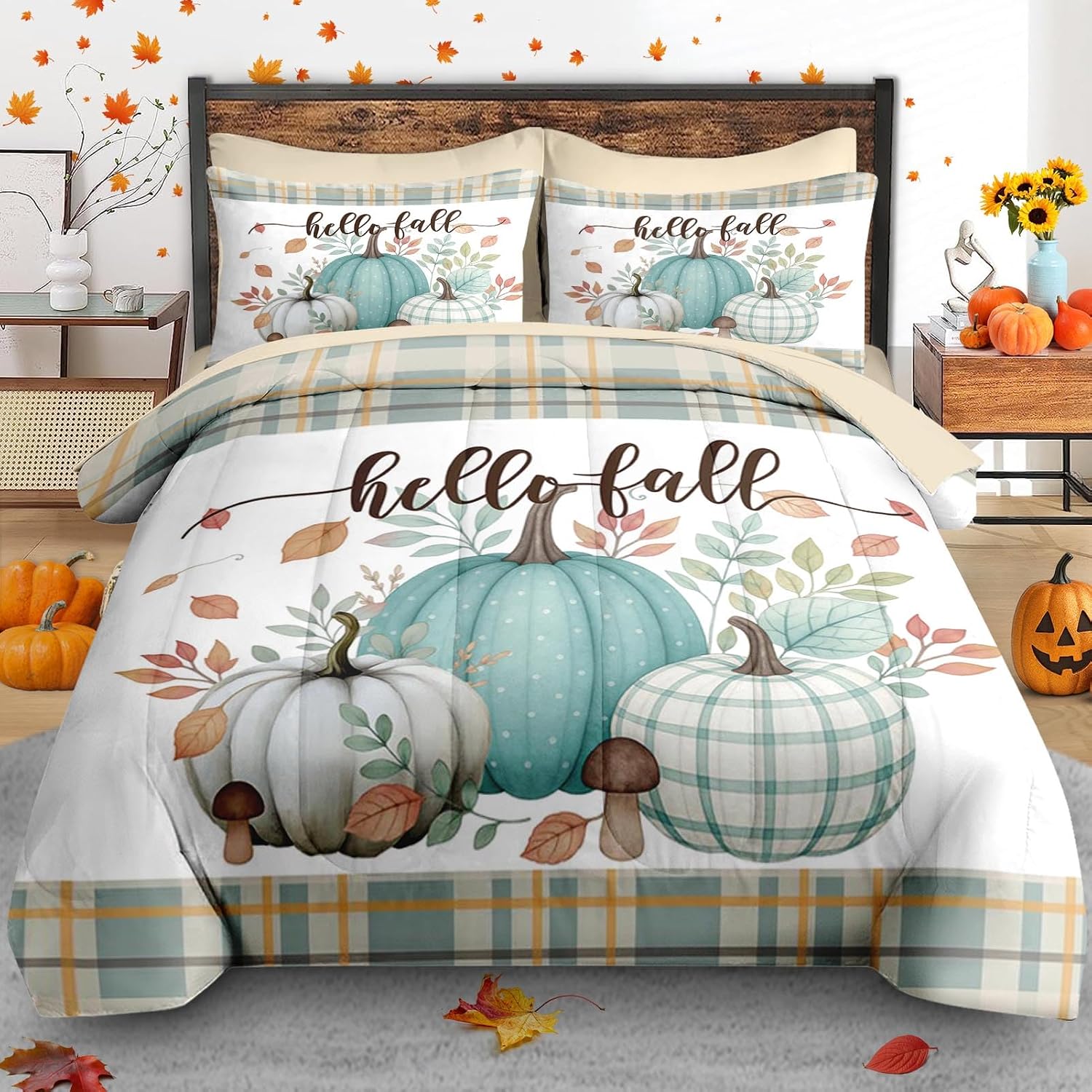 Pamnest Queen Fall Comforter Set with Sheets, 7 Pieces Blue Bedding