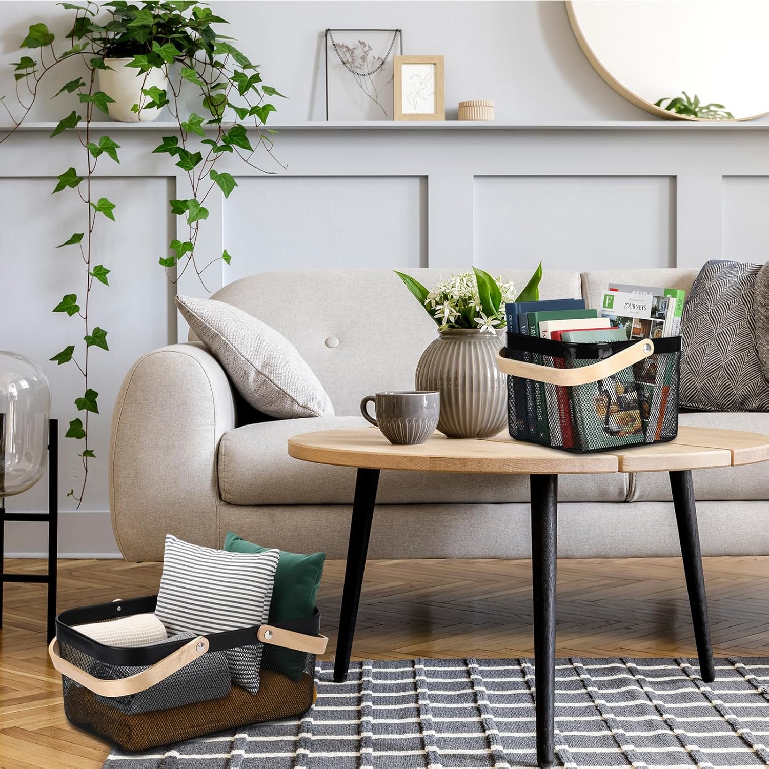 Zonon 4 Pack Harvest Garden Baskets, 2 Size Metal Mesh Harvest Storage Basket with Foldable Wooden Handle, Rectangle Durable Vegetables Fruit Basket for Garden Bathroom Kitchen Organizing, Black