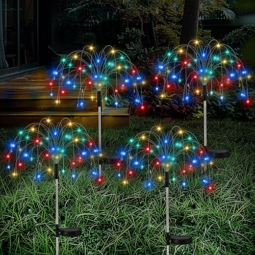 Miniatura 9 de Lewondr Luces de jardín de fuegos artificiales solares 4 paquetes, 120 luces LED de fuegos artificiales solares con 8 modos de iluminación, luces