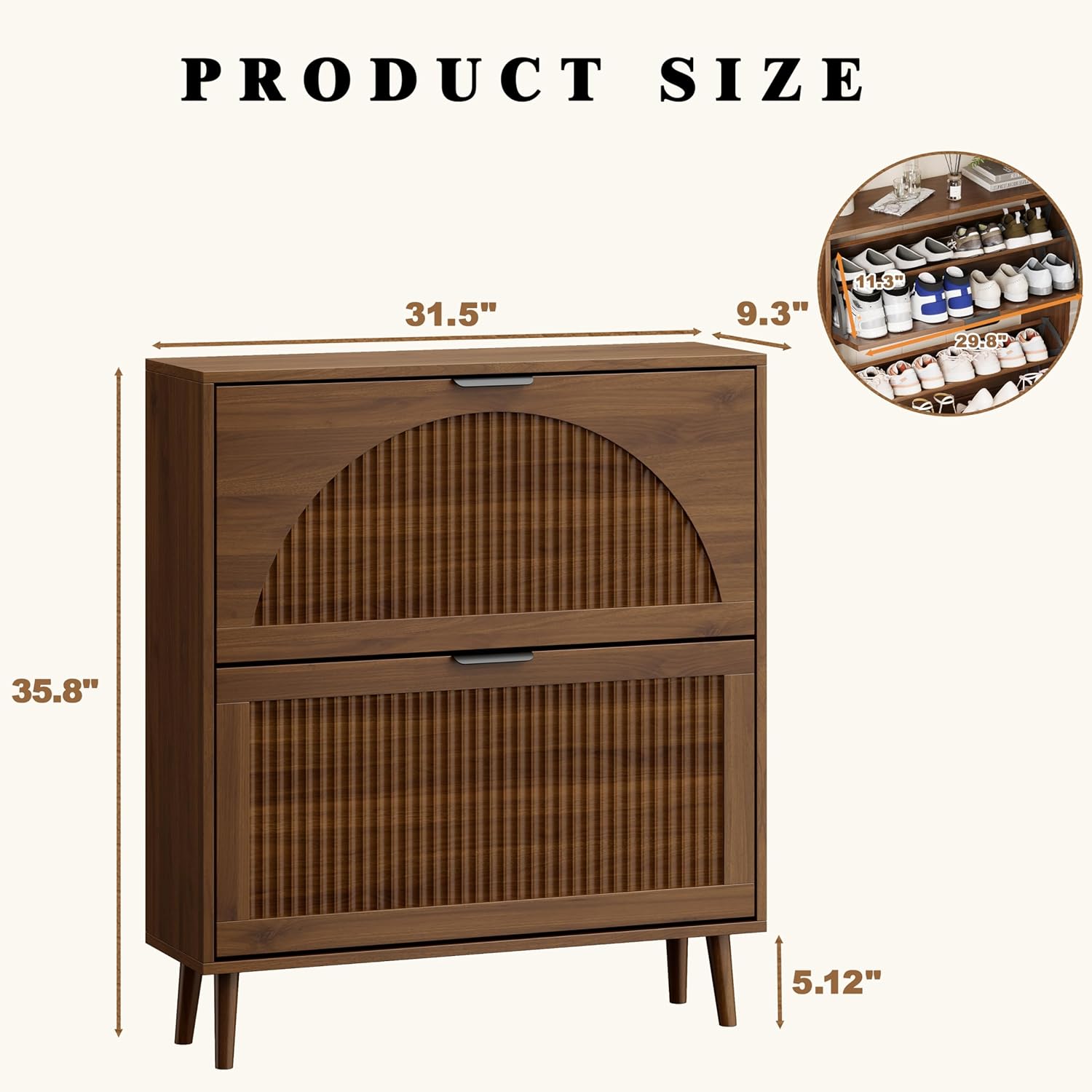 Shoe Storage Cabinet with 2 Flip Drawers, Narrow Wood Shoe Organizer Cabinet with Fluted Panel, Slim Shoe Rack for Entryway, Freestanding Shoe Cabinet for Living Room, Hallway, Walnut