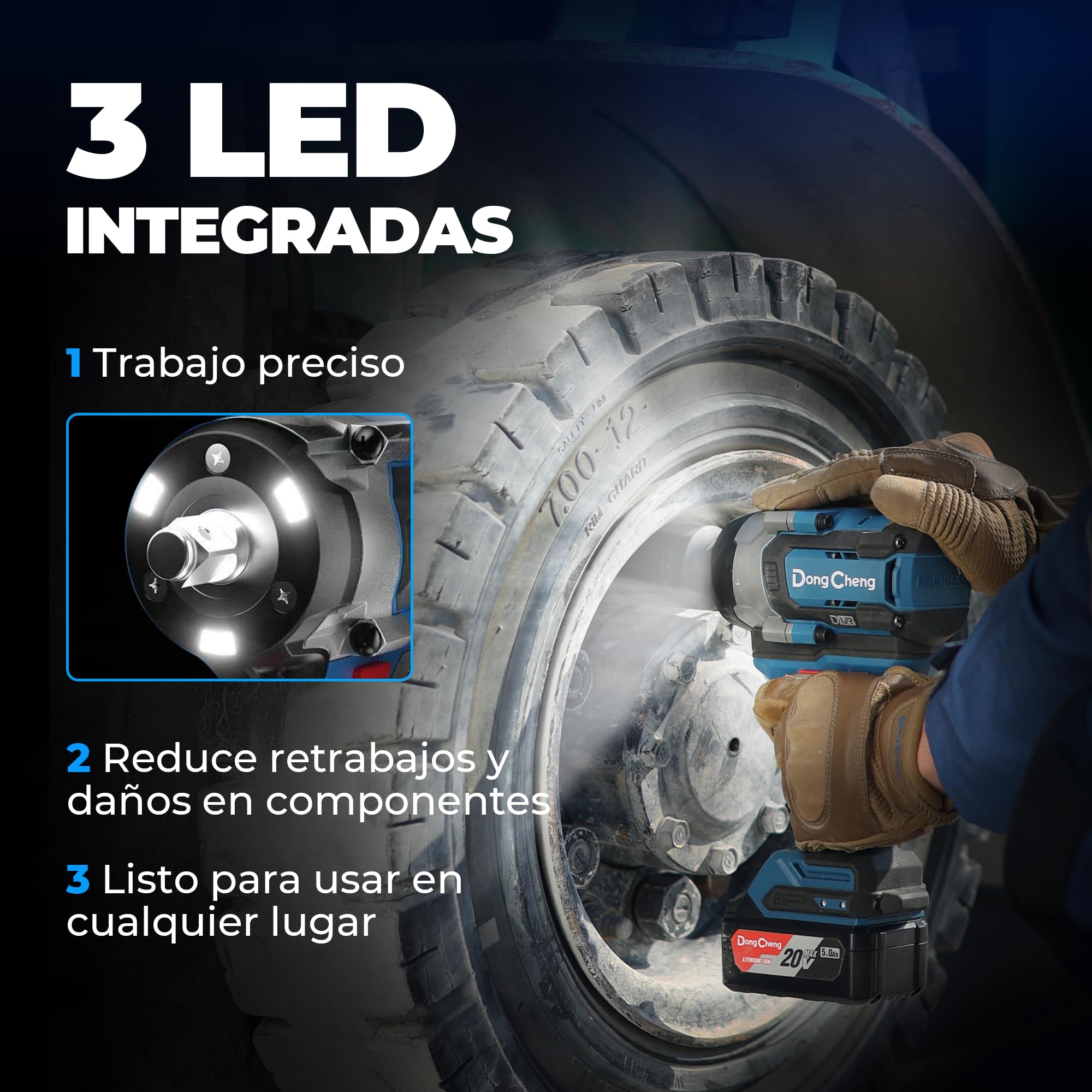 Dong Cheng Llave de impacto a batería sin escobillas 1/2", 1700 Nm, 3 vel (0-1900rpm), 2 bat 5Ah + cargador rápido + 3 dados + maletín. Para coches, camiones y maquinaria pesada