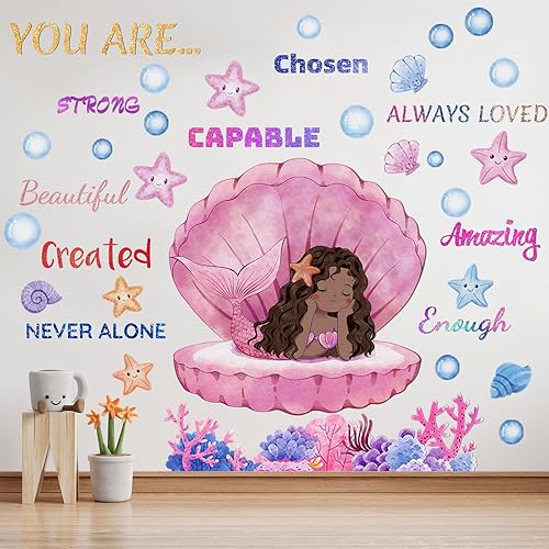 Miniatura 7 de Suplanet Calcomanías de pared de sirena negra para dormitorio de niñas, calcomanías de pared de criaturas bajo el mar, decoración de pared para