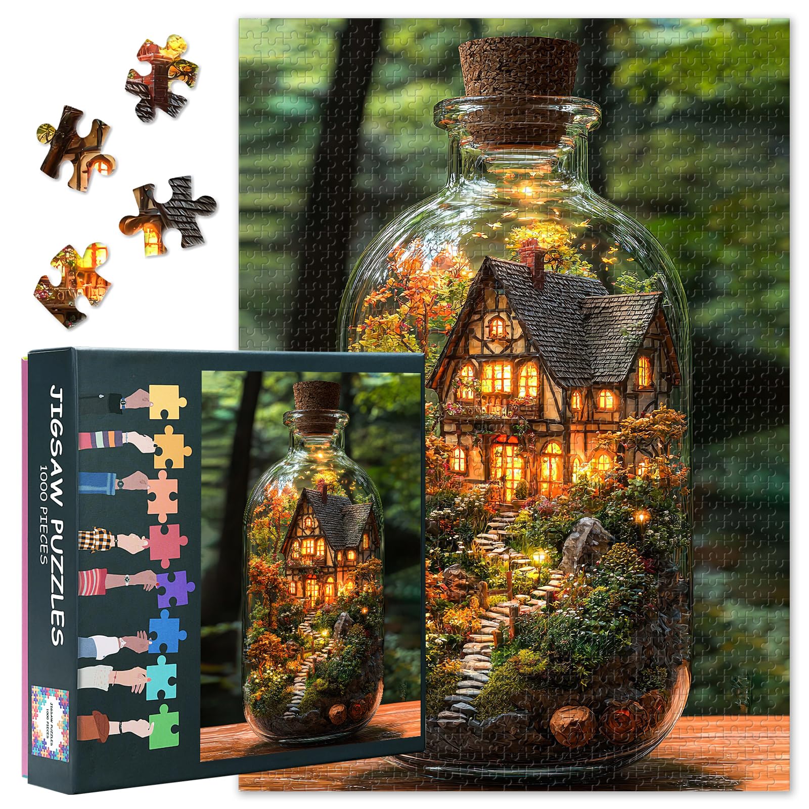 House in Bottle Terrarium Jigsaw Puzzles 1000 Pieces - Impossible Challenging Funny Jigsaw Puzzle Art for Home Decor House in Forest Bottle Terrarium Puzzles Birthday Party Gifts 27.5"X19.7" — image 1