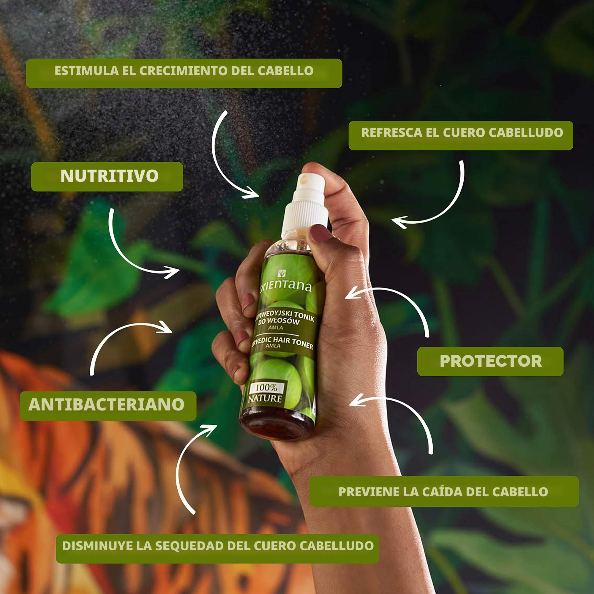 Orientana - Tónico capilar ayurvédico Amla | Fortalecedor de cabello antiinflamatorio sin aceite vegano 99.7% natural | Previene la caída del cabello | Aplicador en spray - 105ml
