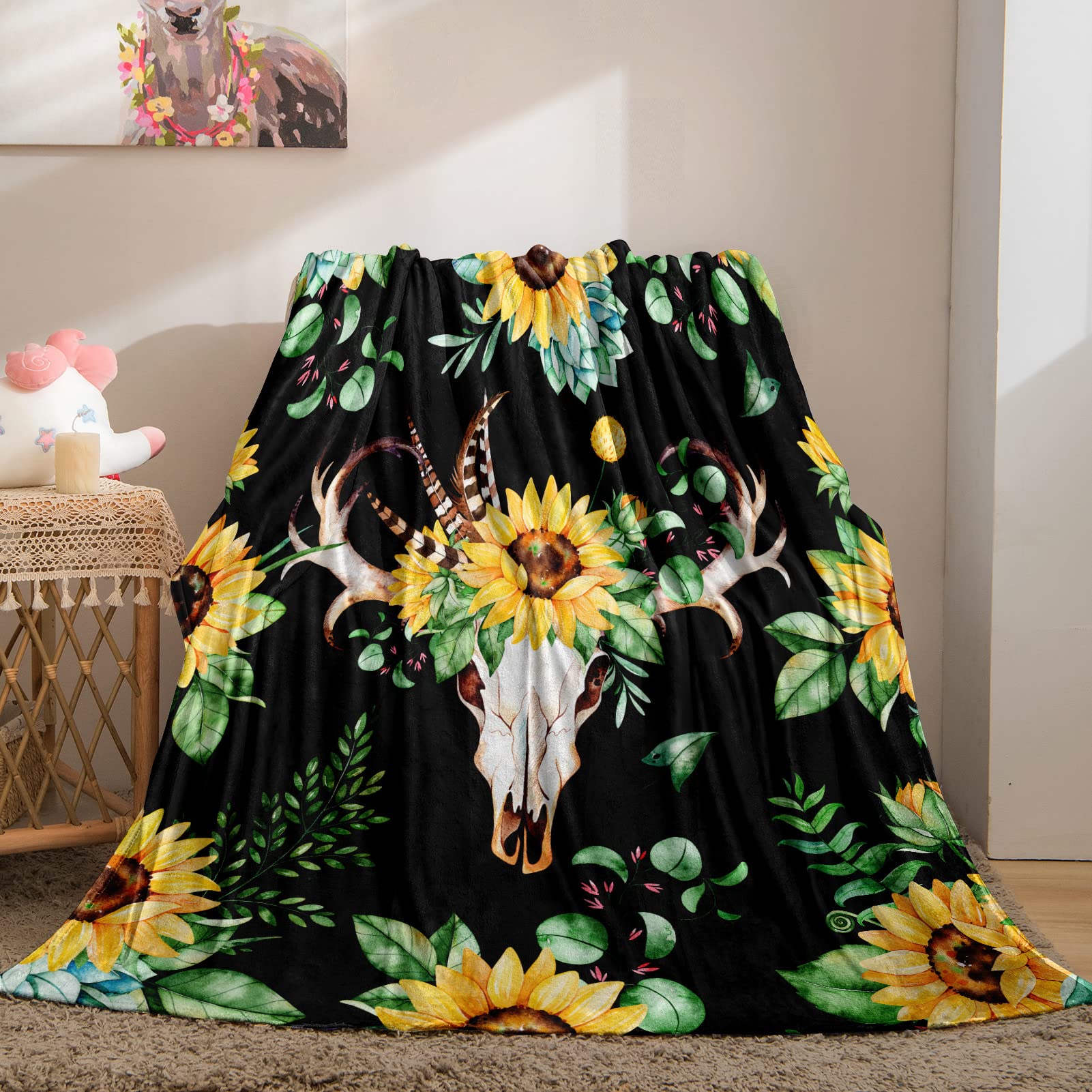 YUANZU Skull Blanket Throw, Boho Watercolor Sunflowers Leaves Feathers Horns Print Pattern Soft Cozy Flannel Blanket, Warm Lightweight Plush Throw Couch Sofa Bed Cover, Gifts for Girls 50x60 inch