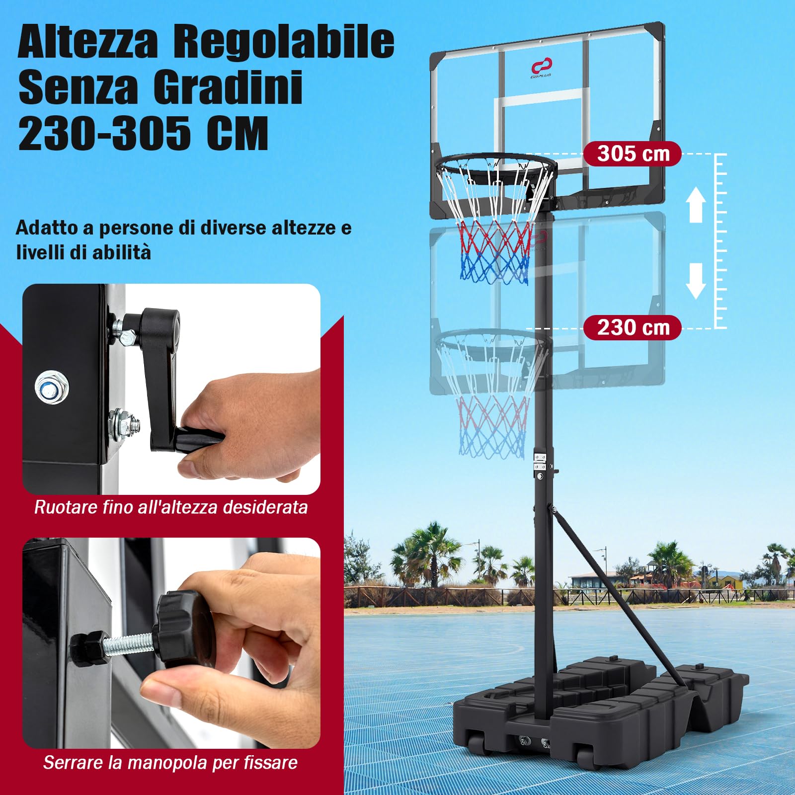 COSTWAY Canestro da Basket da Esterno ed Interno, Canestro da Basket Professionale e Pieghevole con Altezza Regolabile 230-305 cm, Tabellone in PC Infrangibile e Base Mobile con Ruote e Riempibile
