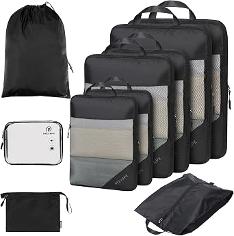 PFEYRPK Lightweight Compression Packing Cubes for Suitcases, Compressible Expandable Travel Packing Organizer with Clear Toiletries and Backpack Bag, Travel Essentials for Carry on Luggage 7 Set