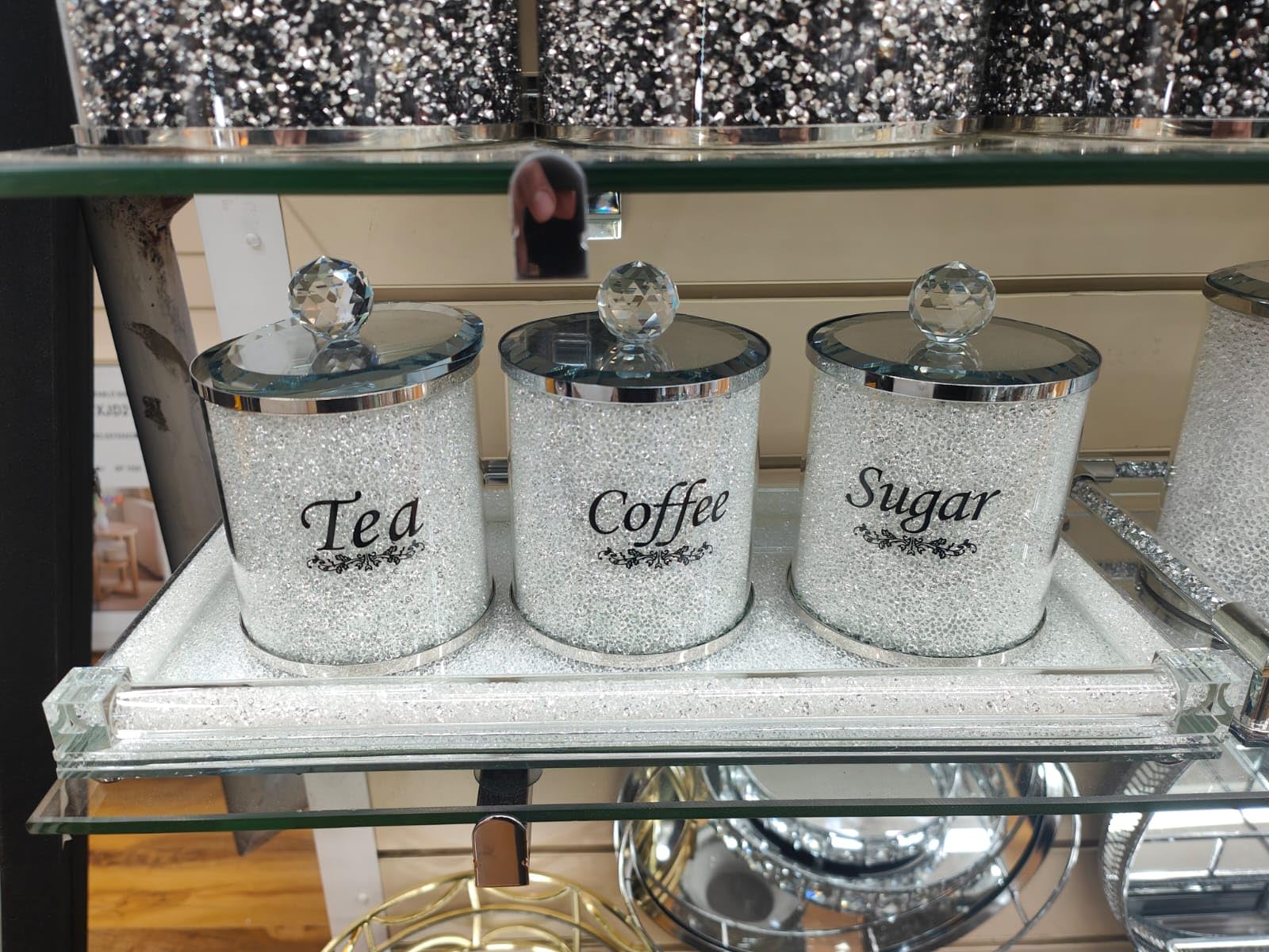 Biznest Diamond Crushed & Crystal Filled Set Of 4 Kitchen Storage Canisters Tea Coffee Sugar Jars With Tray (White)