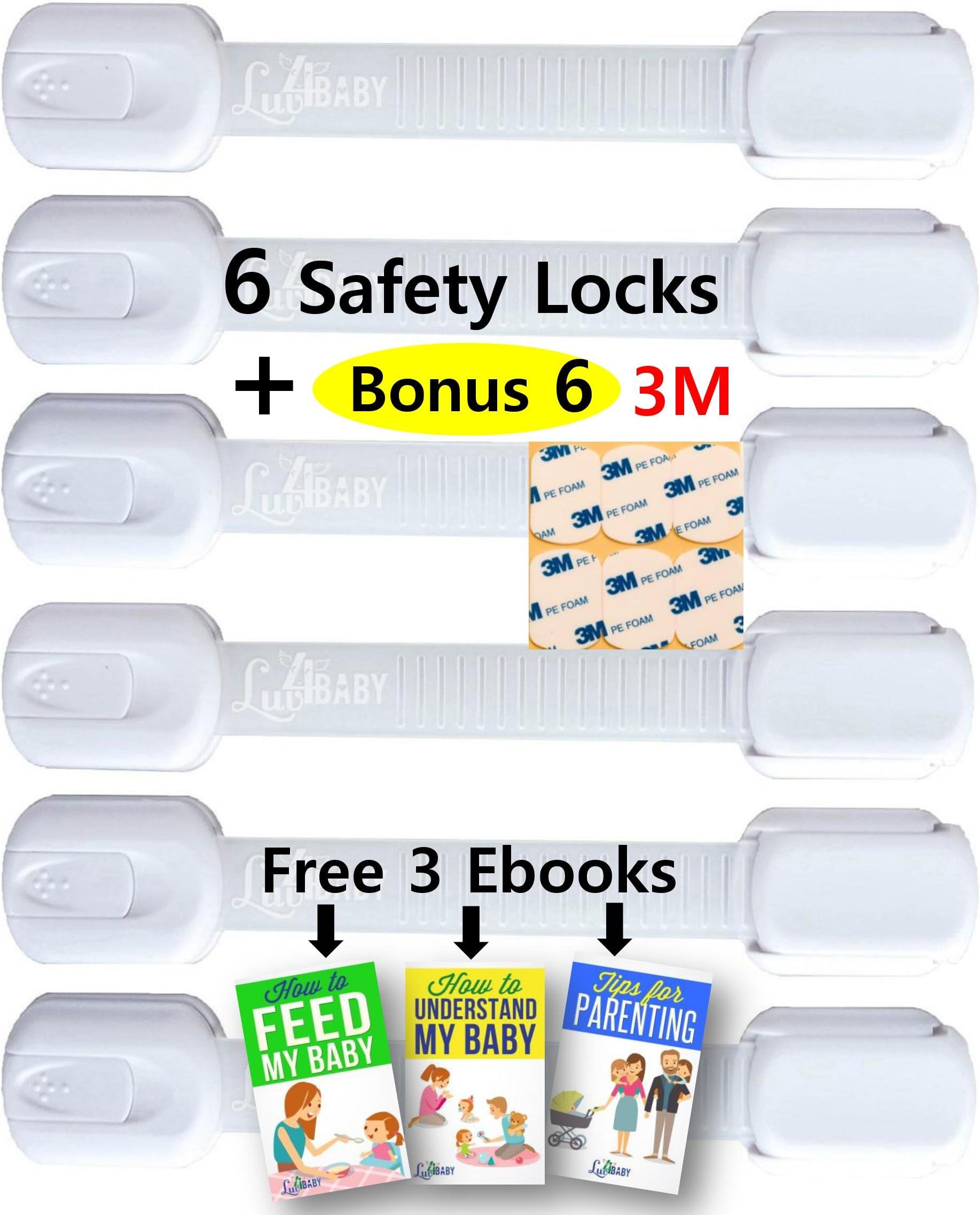 Adjustable Child Safety Locks by Luv4Baby - Latches to Baby Proof Cabinets, Drawers, Fridge, Dishwasher, Toilet Seat - No Tools or Drilling - Reusable With Extra 6 3M Adhesives Included - 6 Pack