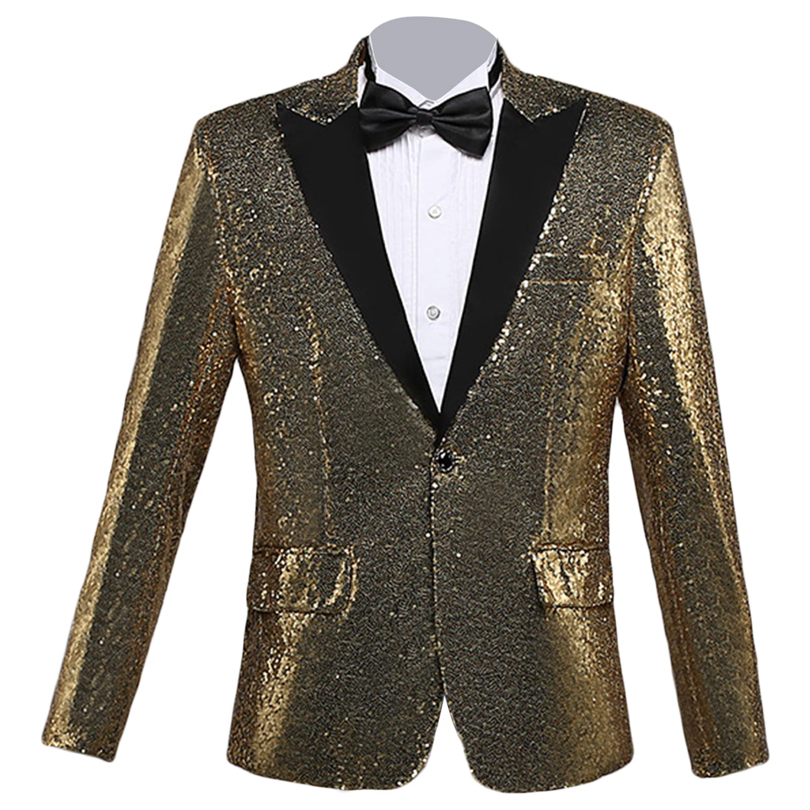 Men's Shiny Sequins Suit Blazer One Button Sequin Festival Party Tuxedo Slim Fit Banquet Prom Wedding Sport Coat (Golden,Small)