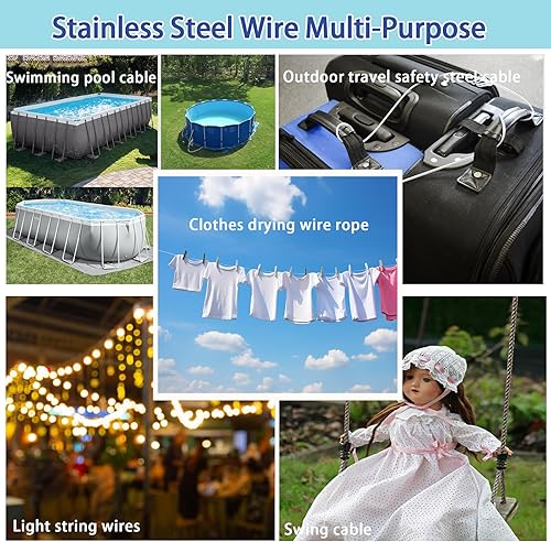 Miniatura 6 de Cable de seguridad para viajes al aire libre de 110 pulgadas, acero trenzado recubierto de vinilo de 115 pies 7 x 7 núcleo, cable de cubierta de