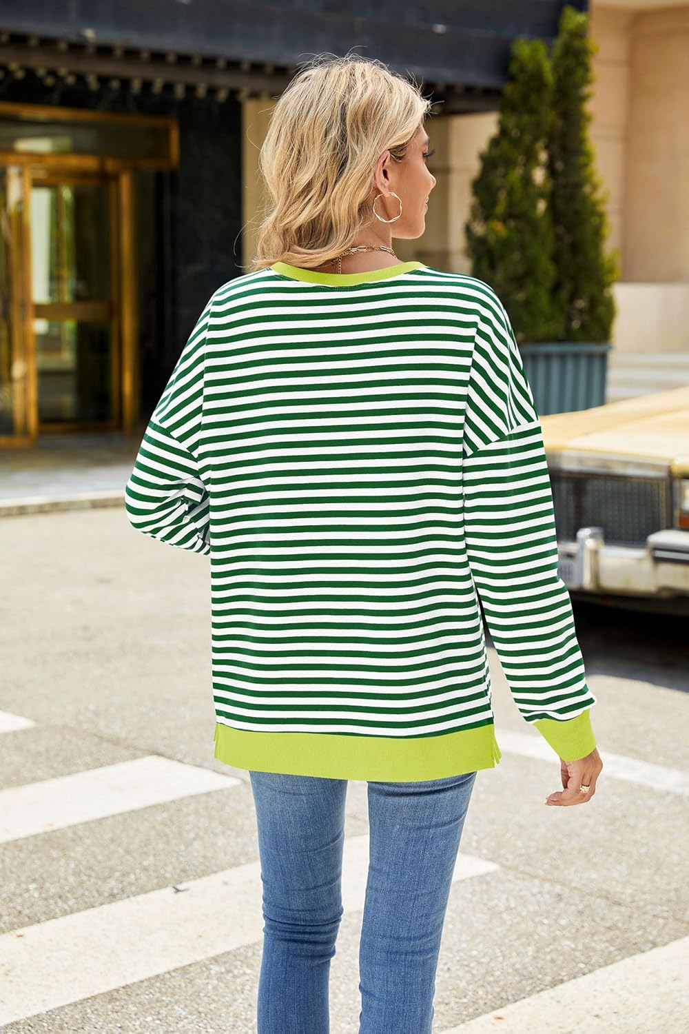 Fashionme 2025 Womens Striped Color Block Tunic Tops Side Slits Spring Long Sleeve T-Shirts Sweatshirt Crewneck Loose Trendy - Image 4