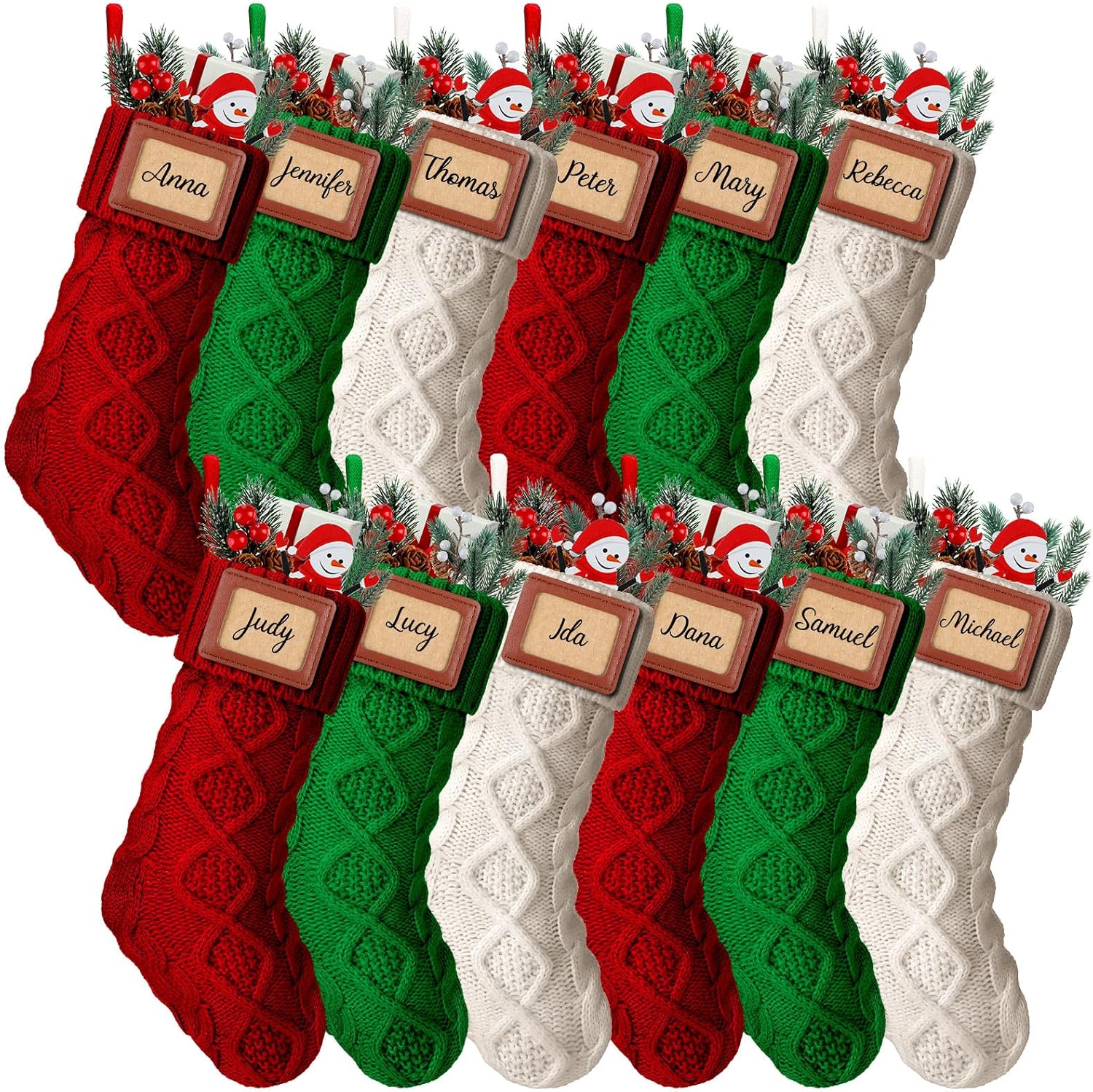 6 Pcs Personalized Christmas Stockings Xmas Stocking with Leather Patches Custom Name Cable Knitted Hanging Family Stockings for Christmas Holiday Fireplace Party Decoration (18 Inches)