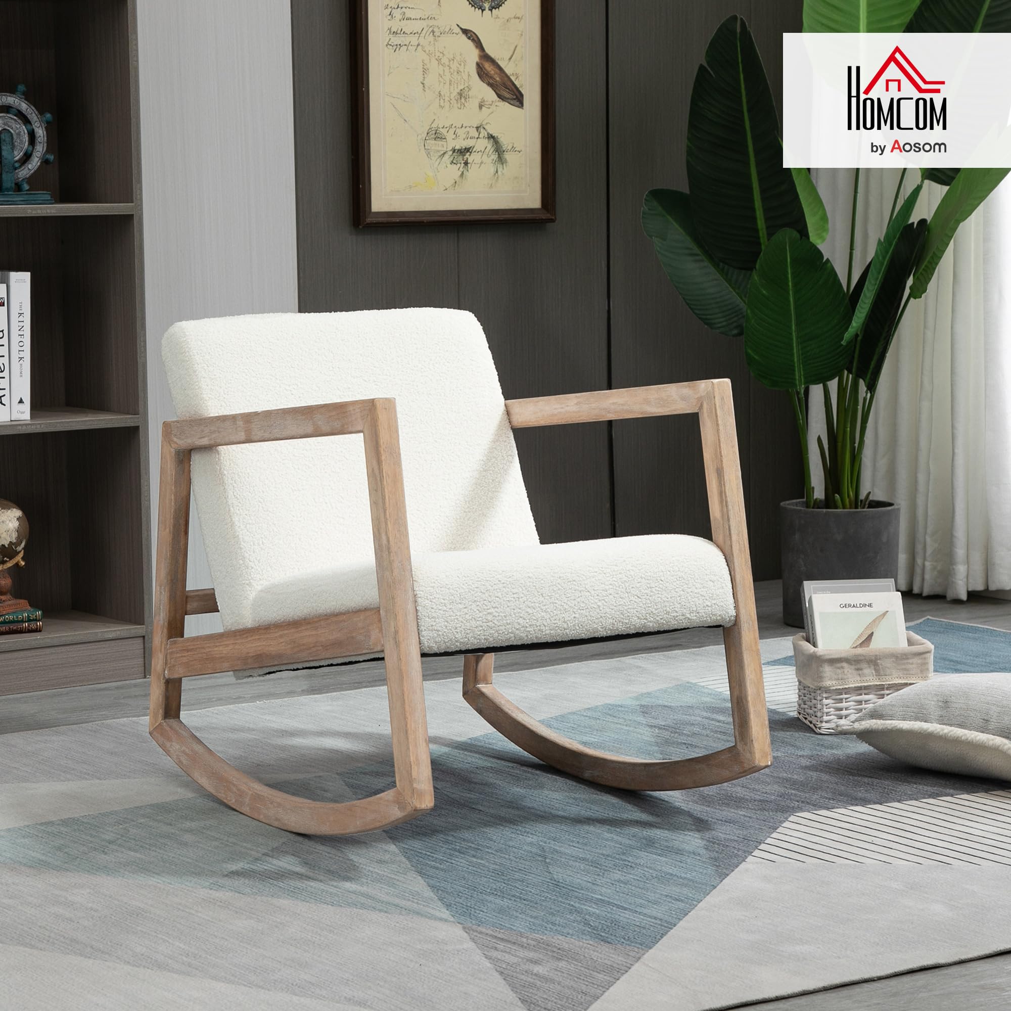 HOMCOM Sedia a Dondolo Minimal con Cuscini per Seduta e Schienale, Sedia per Soggiorno in Legno di Caucciù, Pile e Schiuma, 60x81x71 cm, Bianco Crema