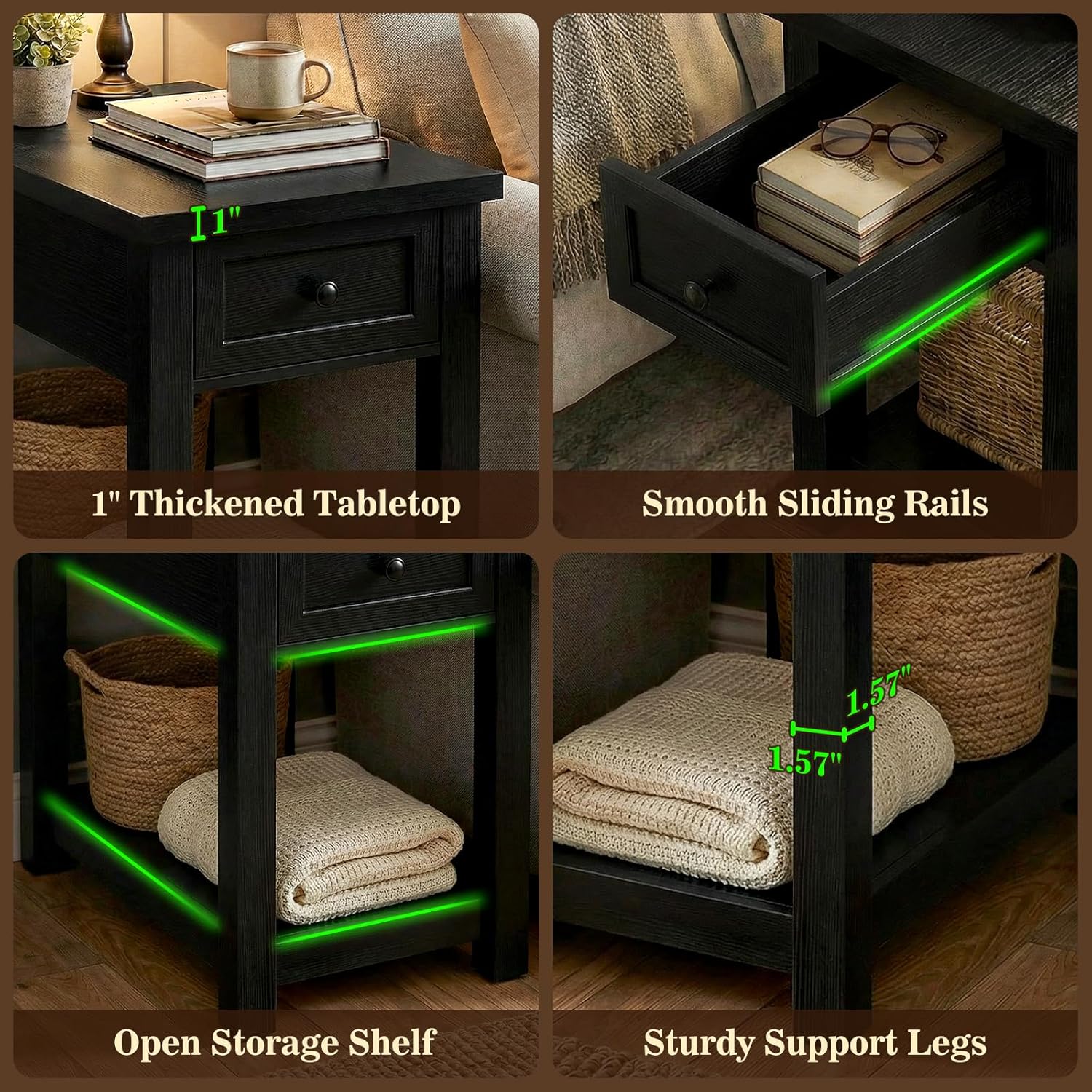 Armocity Narrow End Table with Charging Station - Farmhouse Side Table with Drawer & Shelf, Wood Skinny Nightstand for Living Room Sofa Couch, Bedroom, Small Spaces, Black