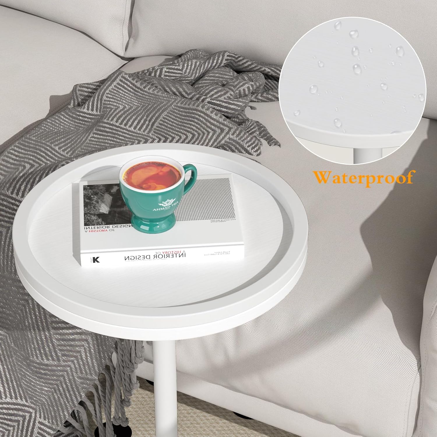 Small Side Table, Drink Table, Height Adjustable Round End Table, Pedestal Side Table for Small Spaces in Living Room, Bedroom, White