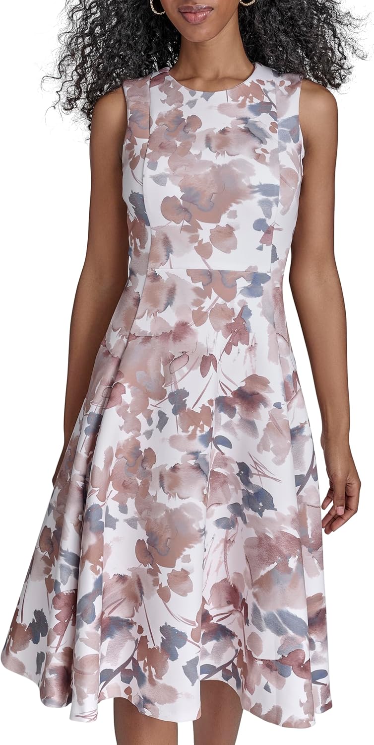 Calvin Klein Womens Sleeveless Pleated Skirt Crepe A-line Midi Dress