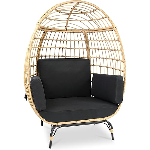 SereneLife Indoor/Outdoor Wicker Rattan Egg Chair with Cushions, Patio Hanging Egg Chair with Steel Frame, Washable Pillows, for Porch, Deck, Garden or Bedroom, 440 lbs. Capacity