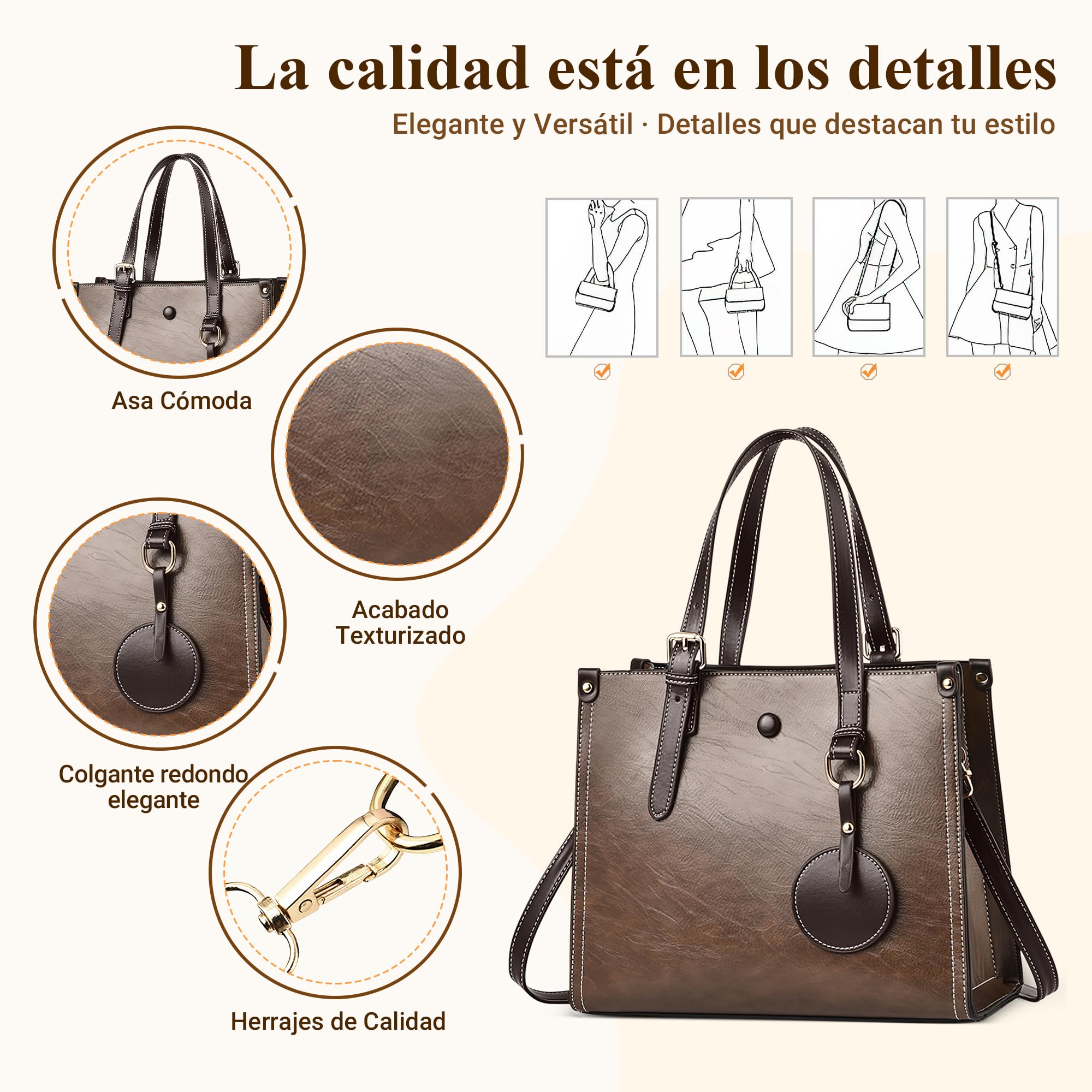 Bolso De Mano Elegante para Mujer — Bolso Bandolera Piel PU Impermeable con Adorno Redondo Y Correa Ajustable, Oficina, Compras, Citas, Fiestas (Marrón Café,L)
