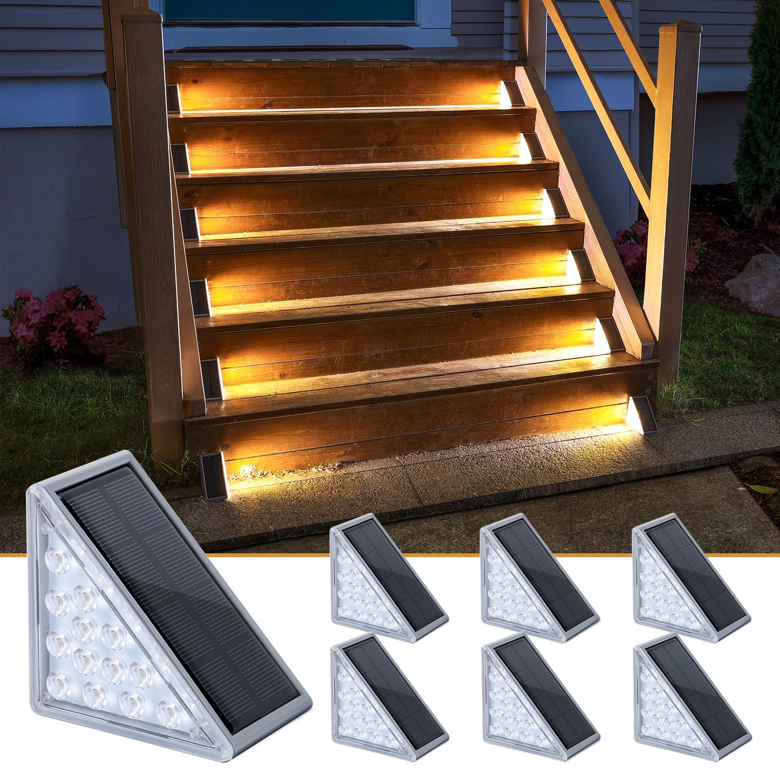 NIORSUN Solar Step Lights 6 Pack - Outdoor Stair Lights with 3000K Warm White &amp; 6000K Cool Daylight, IP67 Waterproof, Auto On/Off, Super Bright for Deck, Patio, Steps