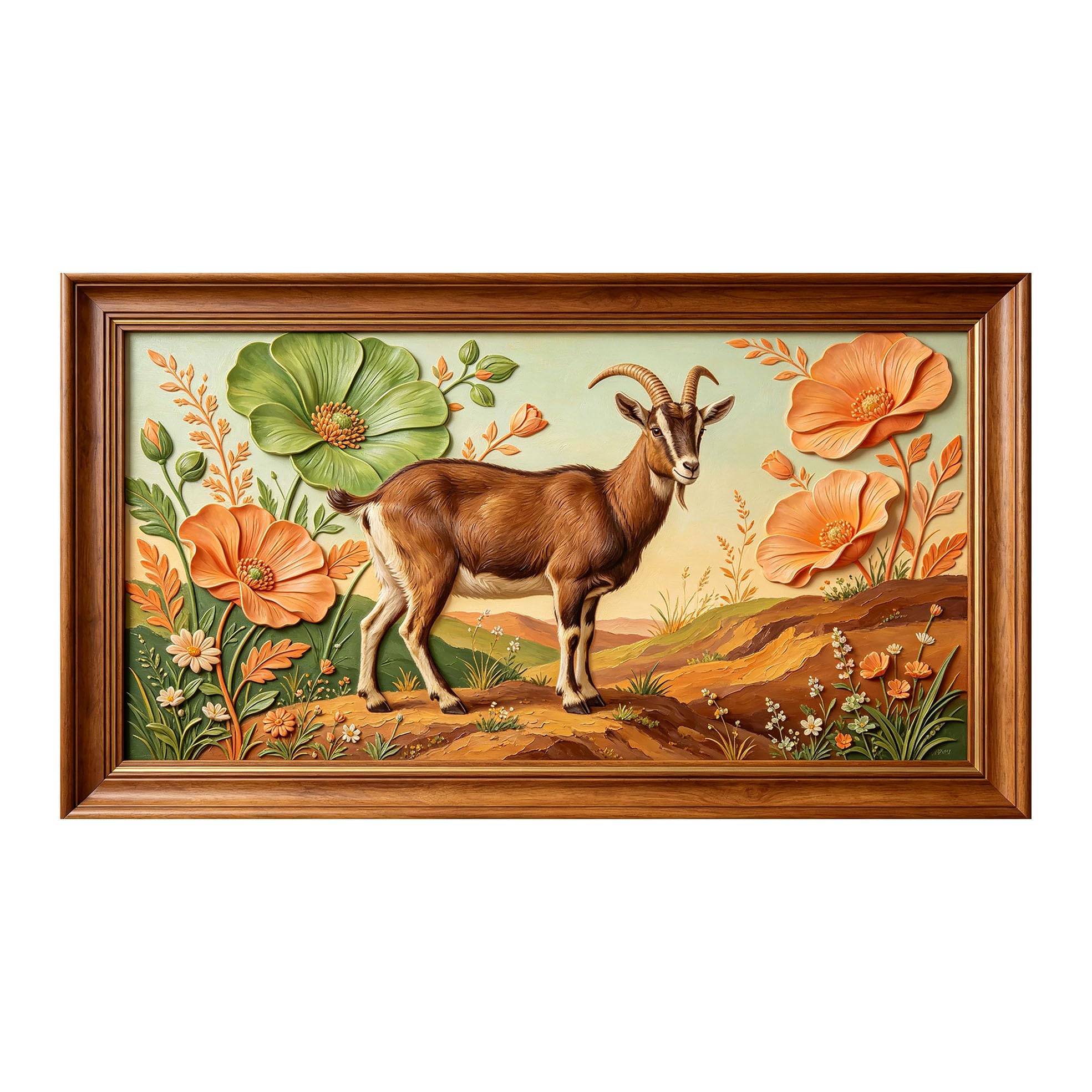 Yzpallescene 3D 3D Framed Wall Art 50cm×90cm Mountain Goat Pastoral Floral Oil Painting Large Size SelfAdhesive Removable Wall Decor Prints Artwork for Living Room Bedroom Office