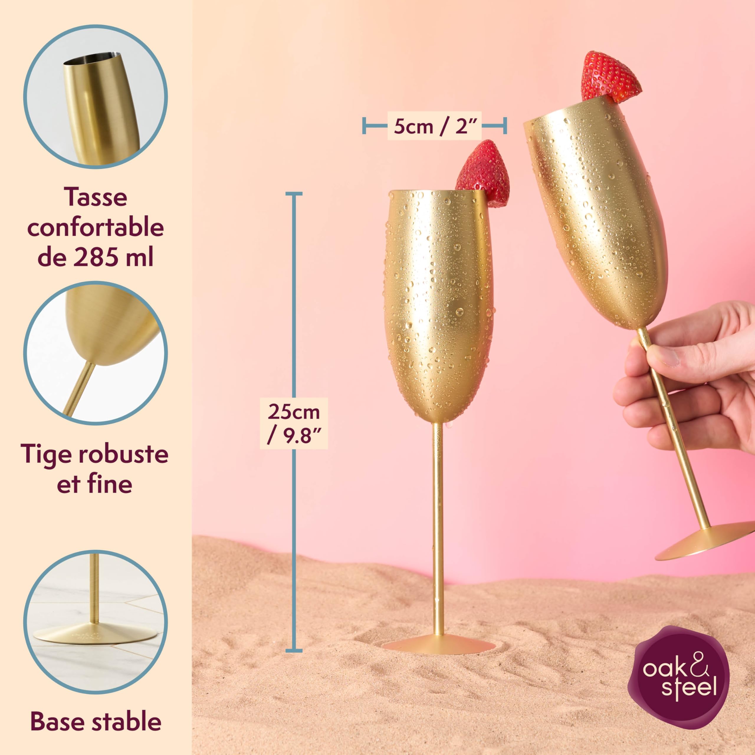 Oak & Steel - 4 Flûtes À Champagne En Acier Inoxydable Avec Boîte Cadeau, Or Mat - 284 Ml
