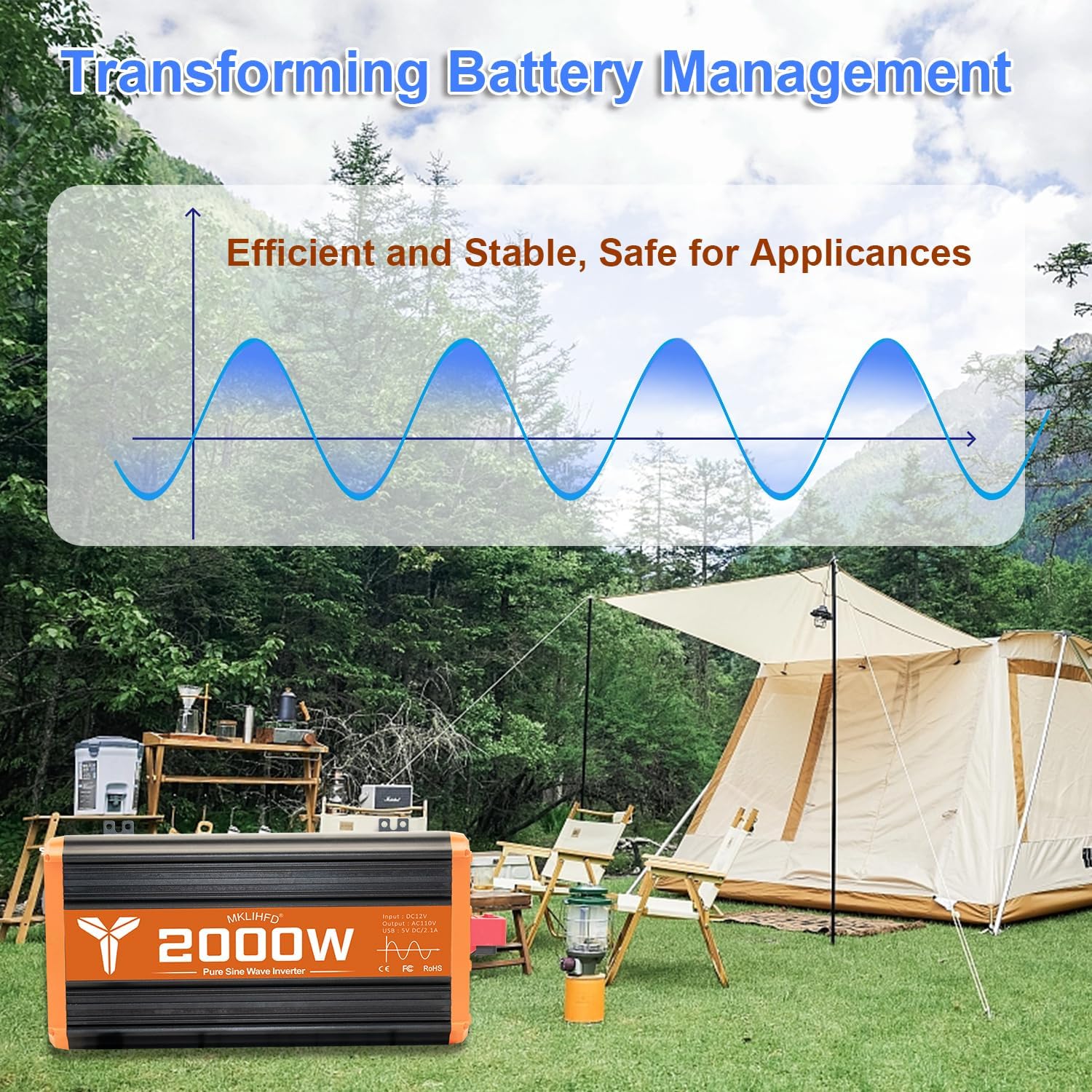 2000 watt Pure sine Wave car Inverter 12V DC to 120V AC, 4000W Surge Peak Power, Inverter for RV, Truck, Solar, Campers with 2 AC Outlet, Remote Control Compatible with Lithium Battery