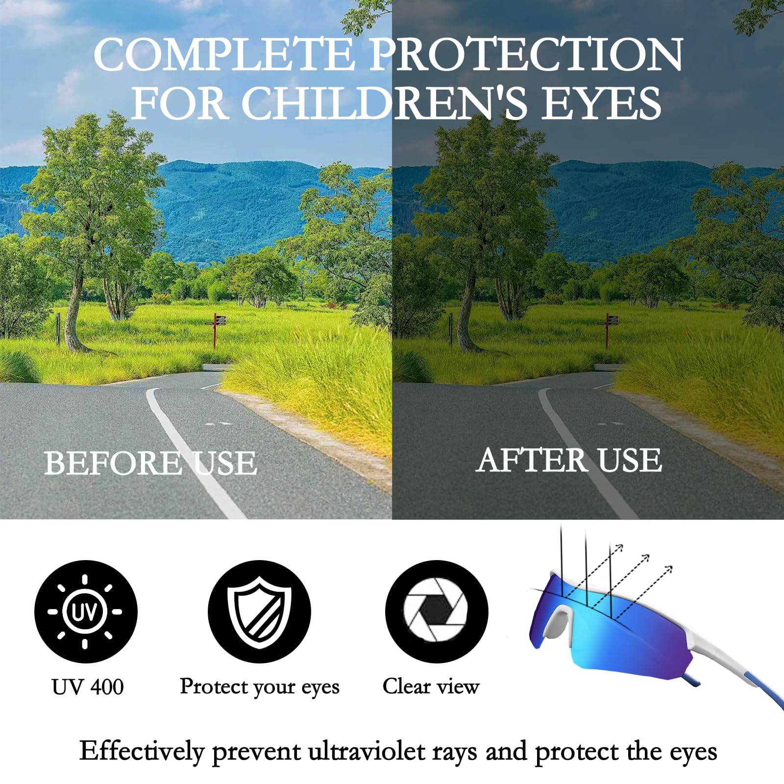 Okulary rowerowe dla dzieci ochrona UV400 dziecięce okulary przeciwsłoneczne z noskami, lekkie spolaryzowane sportowe okulary przeciwsłoneczne rama TR90, dziewczyna chłopiec od 5-16 lat