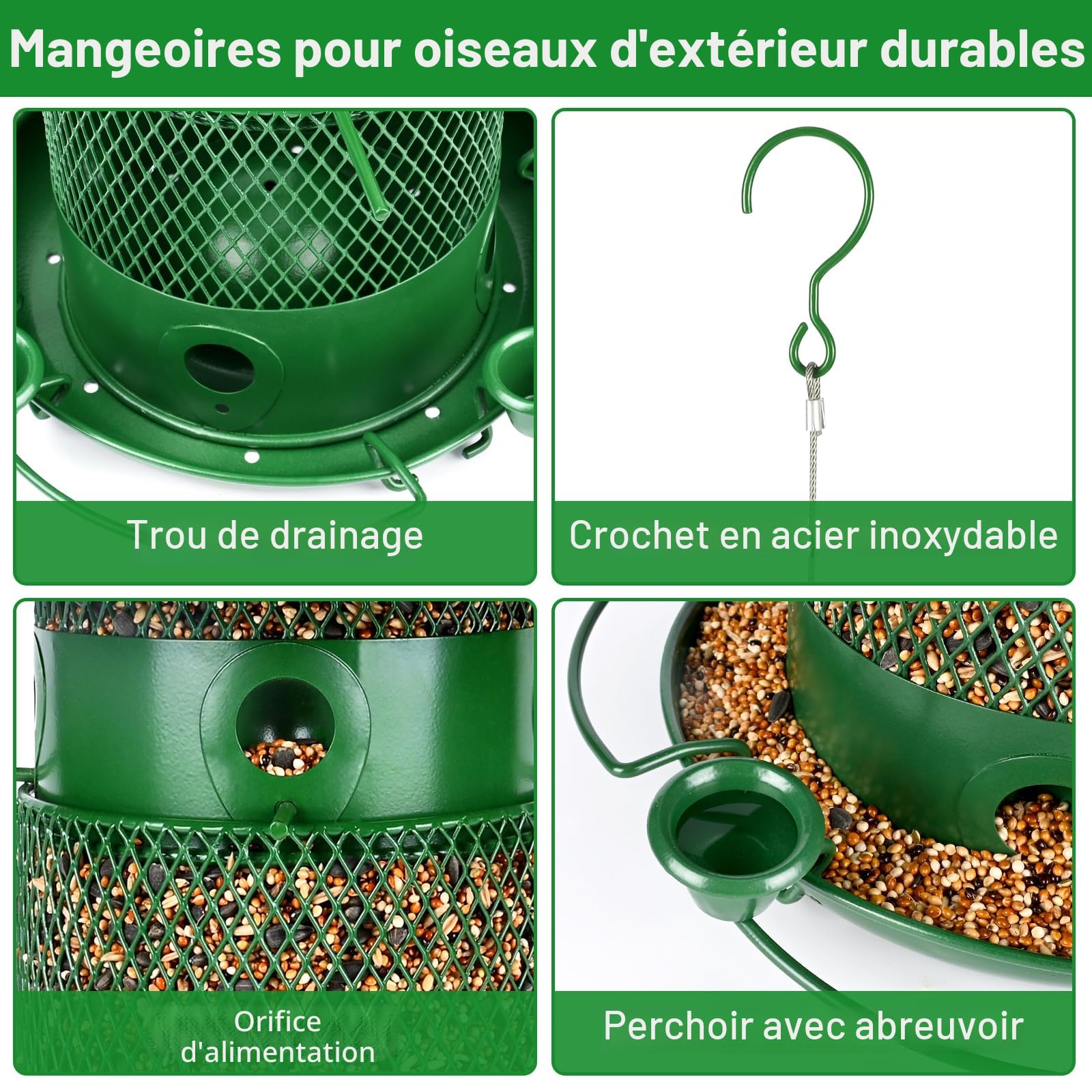 Mangeoire Oiseaux Exterieur Suspendue, 2,5L Metal Mangeoire pour Oiseau Sauvages Imperméable, 360° Alimentation Maison Oiseaux Exterieur pour Jardin (Vert)