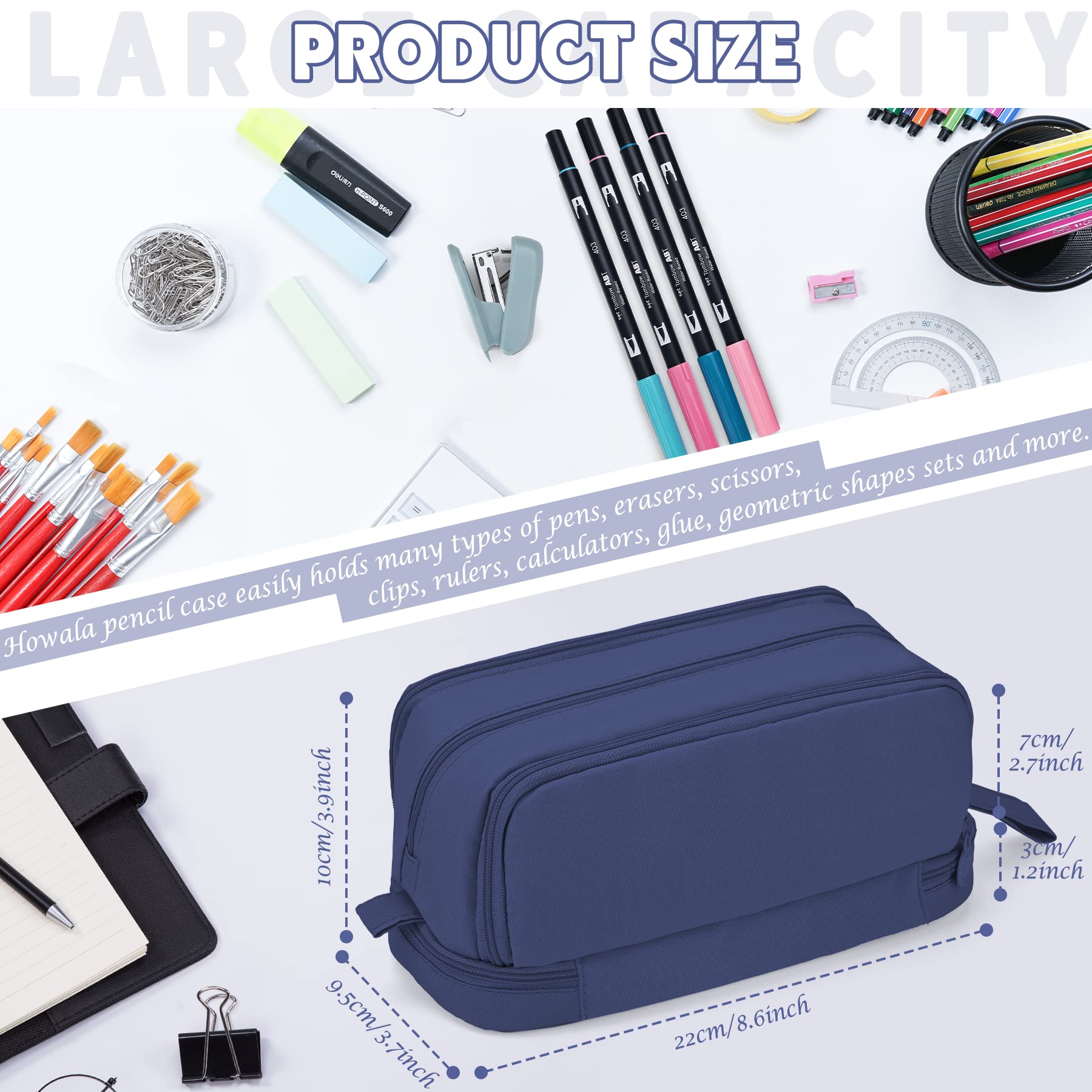 Pencil Case Howala Large Capacity Pencil Pouch for Girls Boys with 4 Compartments Multifunctional Pen Bag Stationery Organizer Office Makeup Bag Portable Pen Bag for Teenage Adult Women Men Dark Blue - Image 3