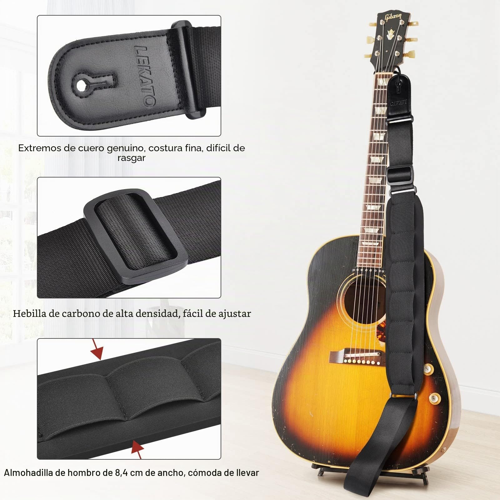 LEKATO Correa de guitarra acolchada de algodón con extremos de cuero genuino correas ajustables para guitarra baja eléctrica con 6 púas de guitarra 2 cerraduras de correa