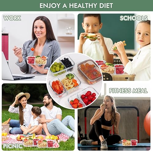 Miniatura 7 de 5 recipientes de vidrio de 35 onzas con tapas herméticas, cajas Bento para el almuerzo, lonchera de 2 compartimentos, recipientes de almacenamiento