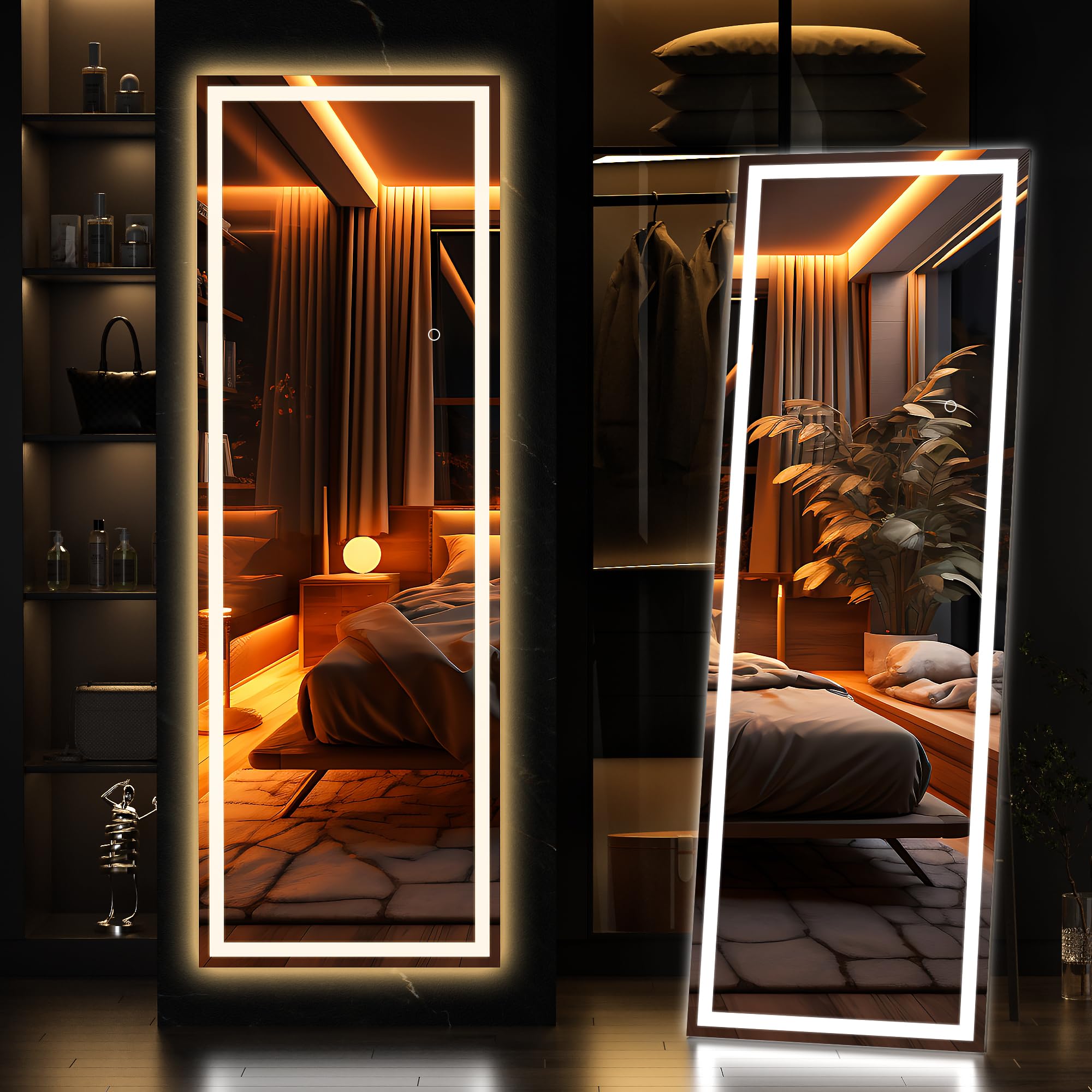Photo 1 of **MISSING POWER CORD**UNABLE TO TEST** Hasipu Full Length Mirror with Lights, 75" x 28" LED Lighted Floor Standing, Full Body Dressing Hanging Mounted Mirror, Tempered Glass, Square Black
