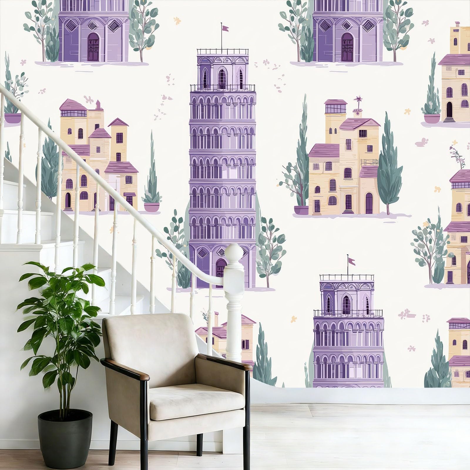 Fototapeta 350 x 256 cm ściany dekoracja salonu projekt akwarela budynki miejskie drzewo domy do sypialni salon tapeta z włókniny, fioletowy