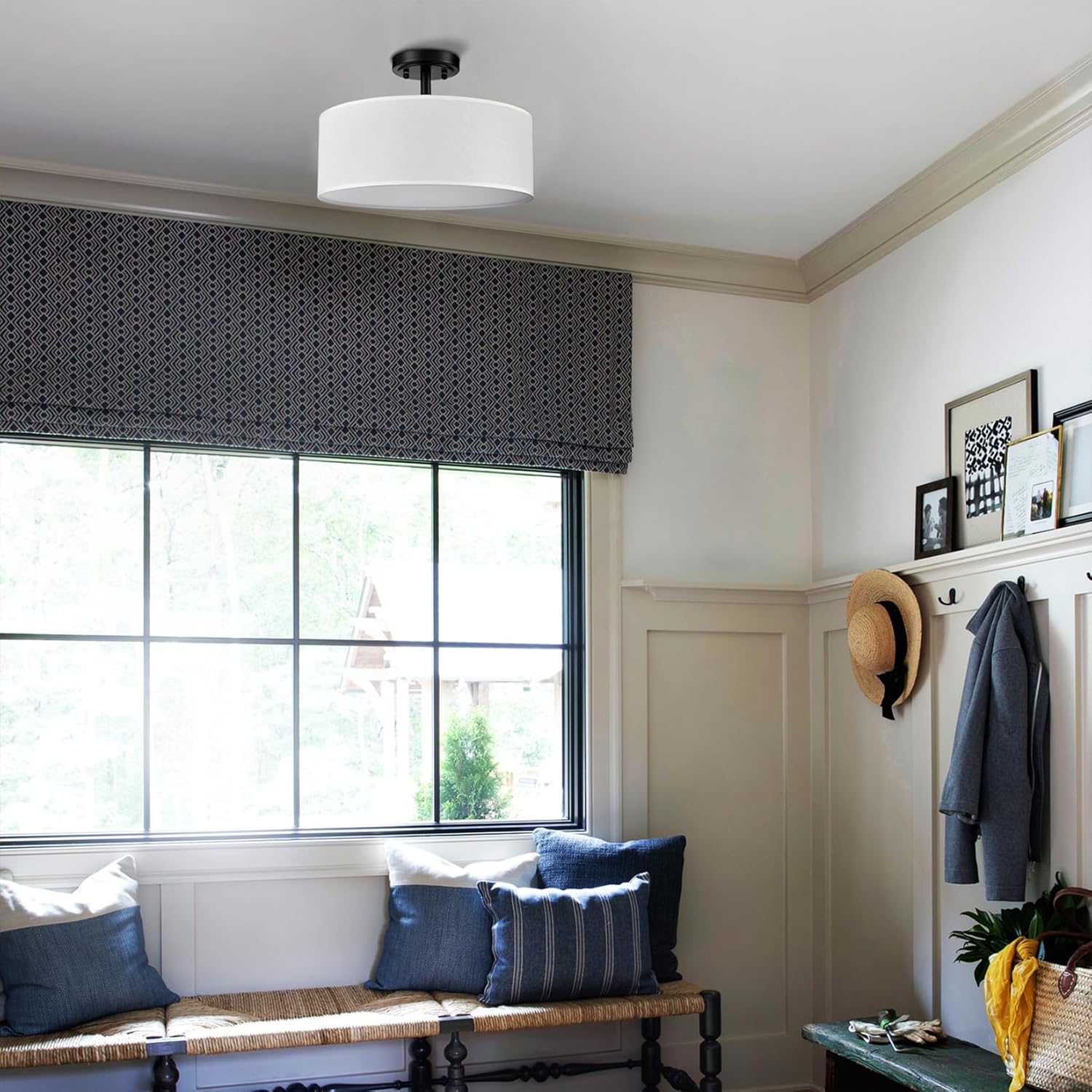 Semi Flush Mount Ceiling Light, 15" Drum Ceiling Light Fixture 3-Light Modern Close to Ceiling Light Fixture for Bedroom Living Room Hallway Kitchen, Black Finish