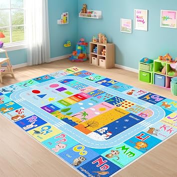 BATATADOCE Alphabet Rug for Classroom - ABC Rugs for Playroom Educational Rug for Learning Alphabet,Numbers,Colors,Season and Animal Words Play Mat for Classroom Bedroom,Blue,2.5x4 Feet