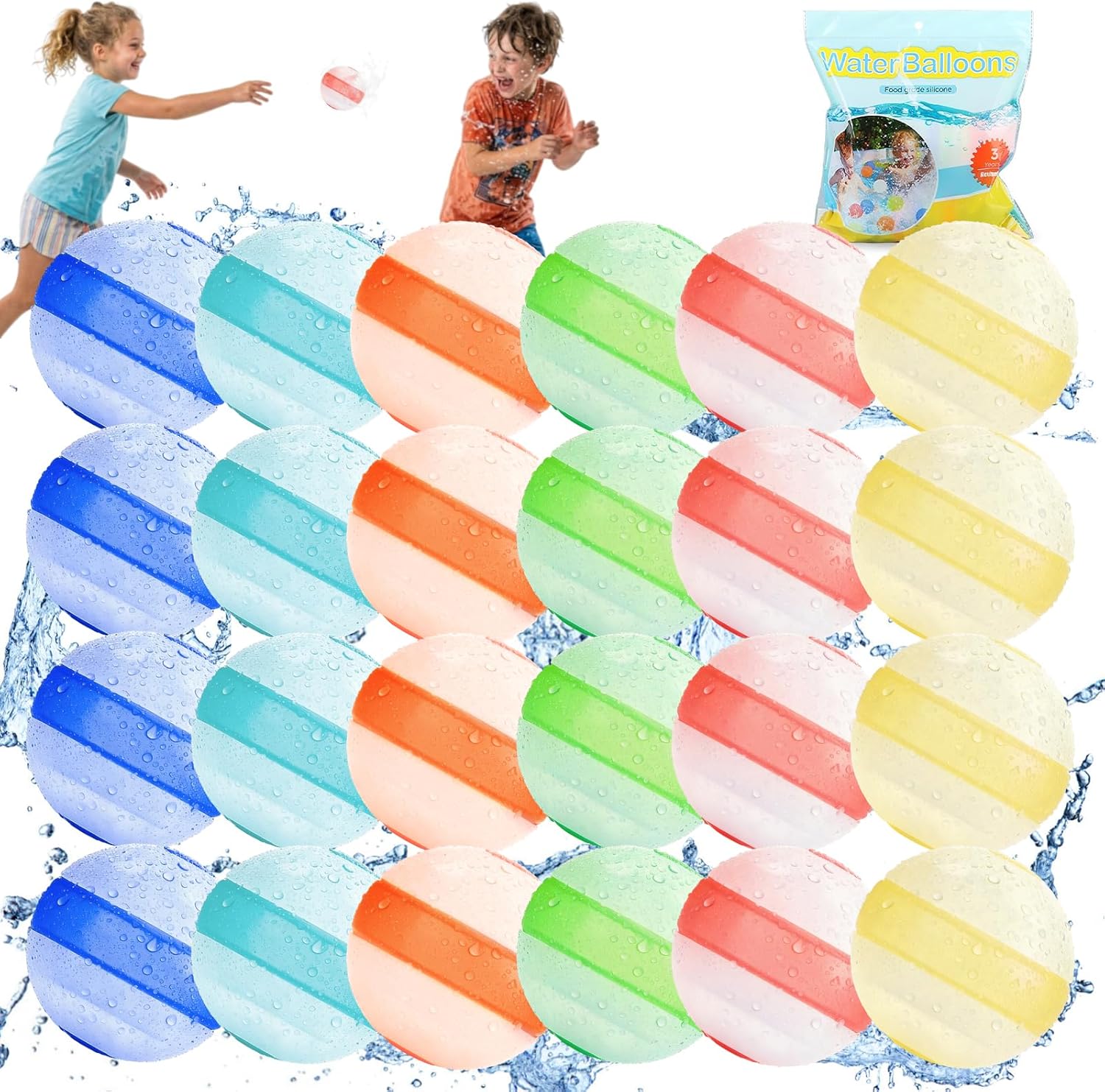 Reusable Water Balloons 24 Pcs Non-Magnetic Refillable Water Balloons, Quick Fill, Self Sealing, Soft Silicone Water Balls - Summer Fun Kids Water Toys for Play Outdoor in Pool, Beach, Backyard, etc