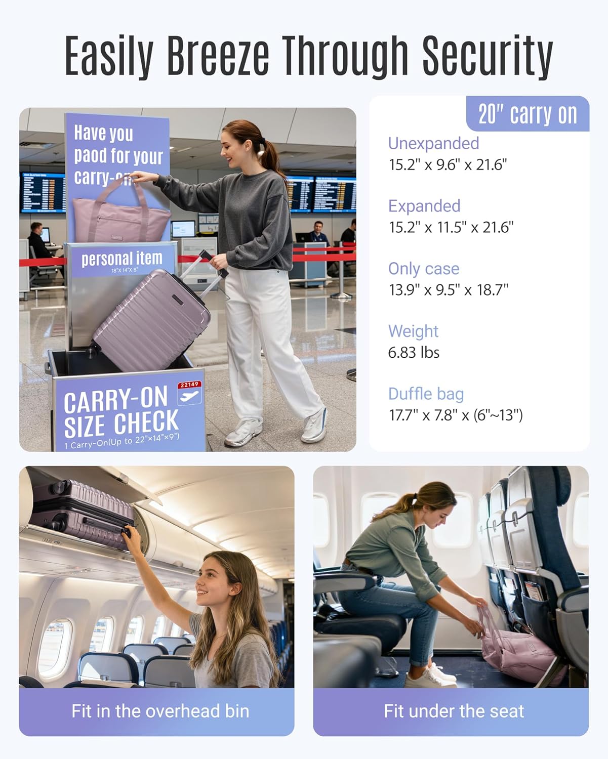 LIGHT FLIGHT Luggage Sets, Carry On Luggage 22x14x9 Airline Approved, Carry On Travel Bag Suitcases with Wheels, Expandable Hardside Lightweight Rolling with TSA Lock 2-Piece Set (DB/20),Rose Purple - Image 4