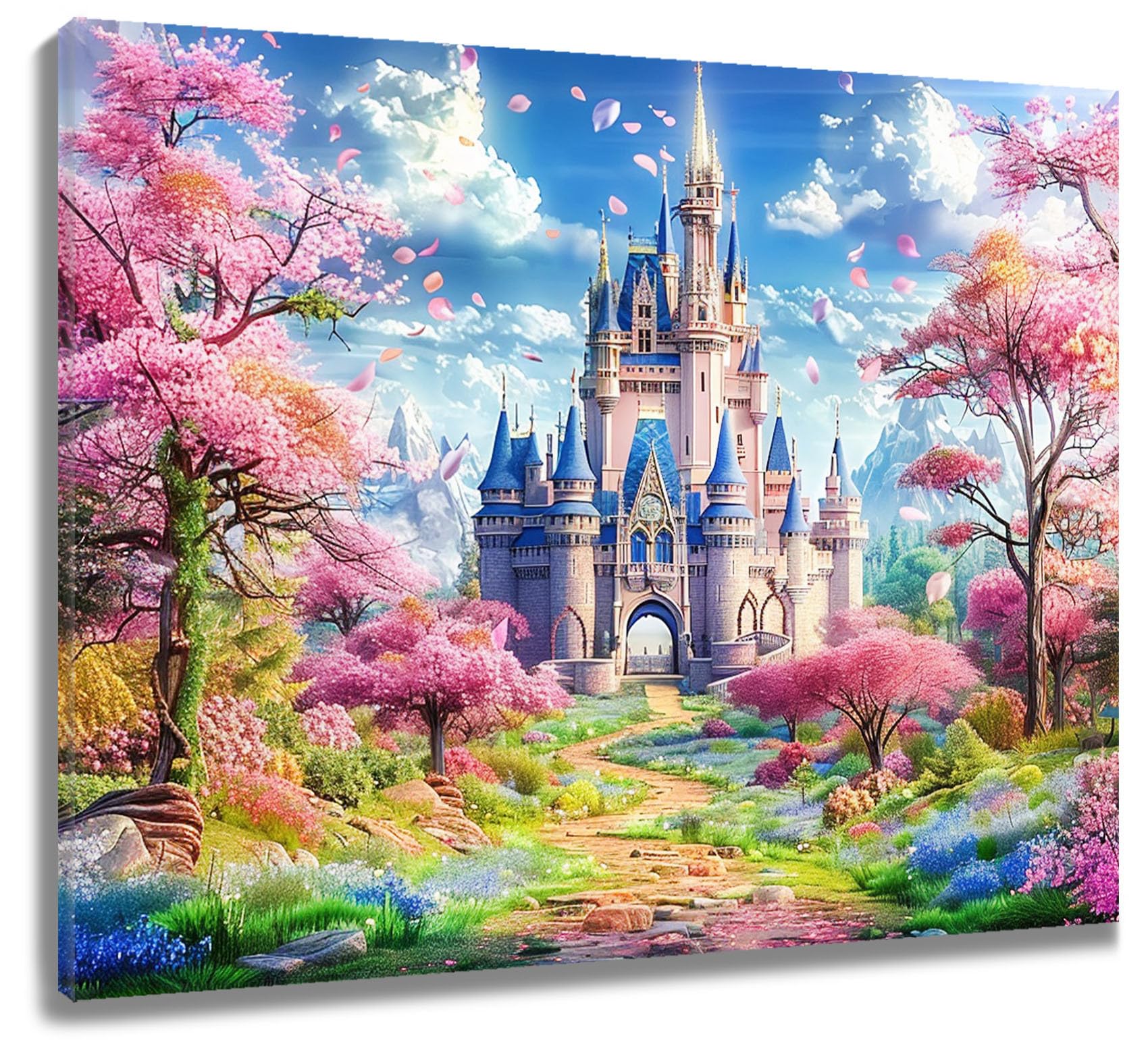LB Cartoon Castle Wall Art Pink Flower Tree Canvas Wall Art for Living Room Fairytale Poster Paint Wall Art Decor for Bathroom Kitchen Bedroom,16Wx12H inch Wooden Framed โ image 1