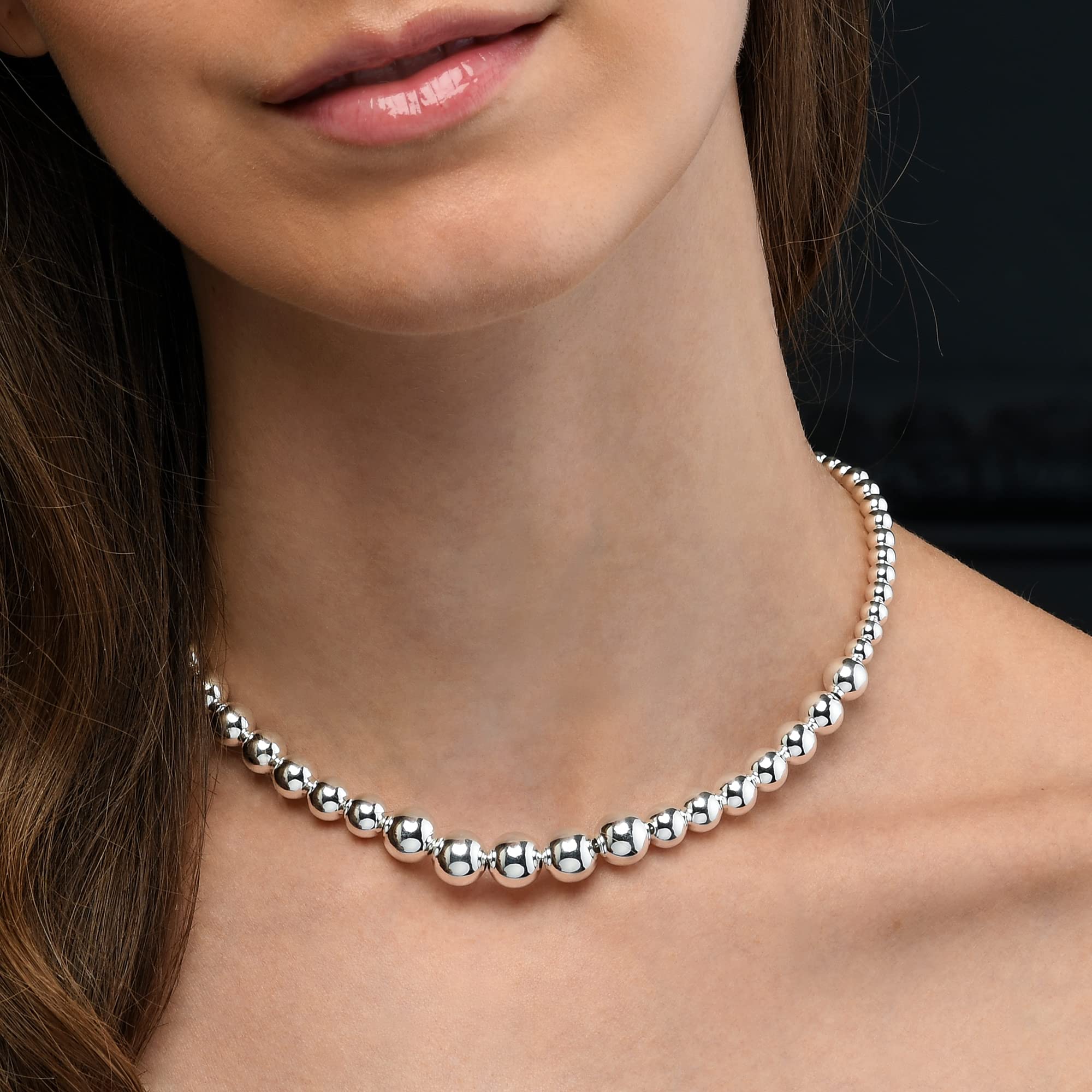 Diamond Treats Collares de Plata de Ley 925 para Mujer, Collar de Bolas de Diseño Italiano, Collares de Perlas con Cuentas de Plata, Collar Llamativo de Bola para Mujer