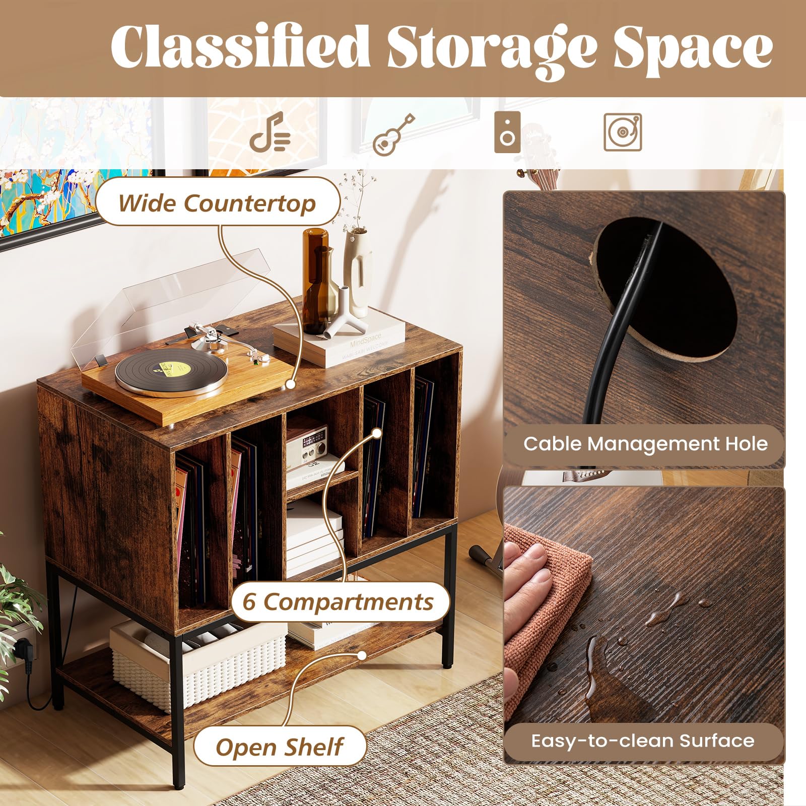 KOMFOTTEU Meuble Platine Vinyle avec Station de Charge, Support de Tourne-Disque, 80 x 45 x 79,5 cm, Industriel