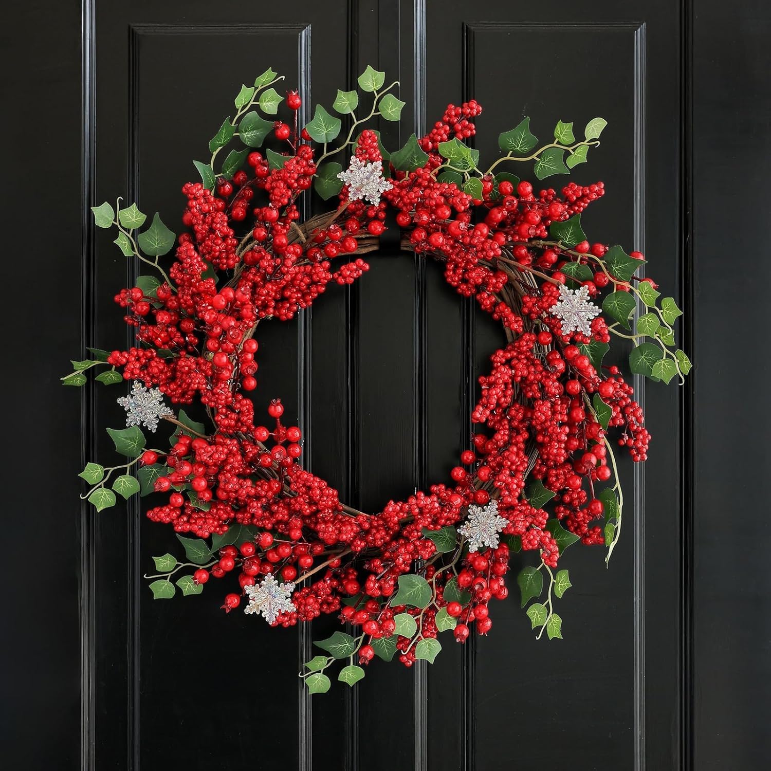 Red Berry Christmas Wreaths for Front Door 20 Inches, Xmas Winter Wreath with Snowflakes for Window Outdoor Outside, Artificial Holiday Farmhouse Modern Wreath for Indoor Decor - Image 8