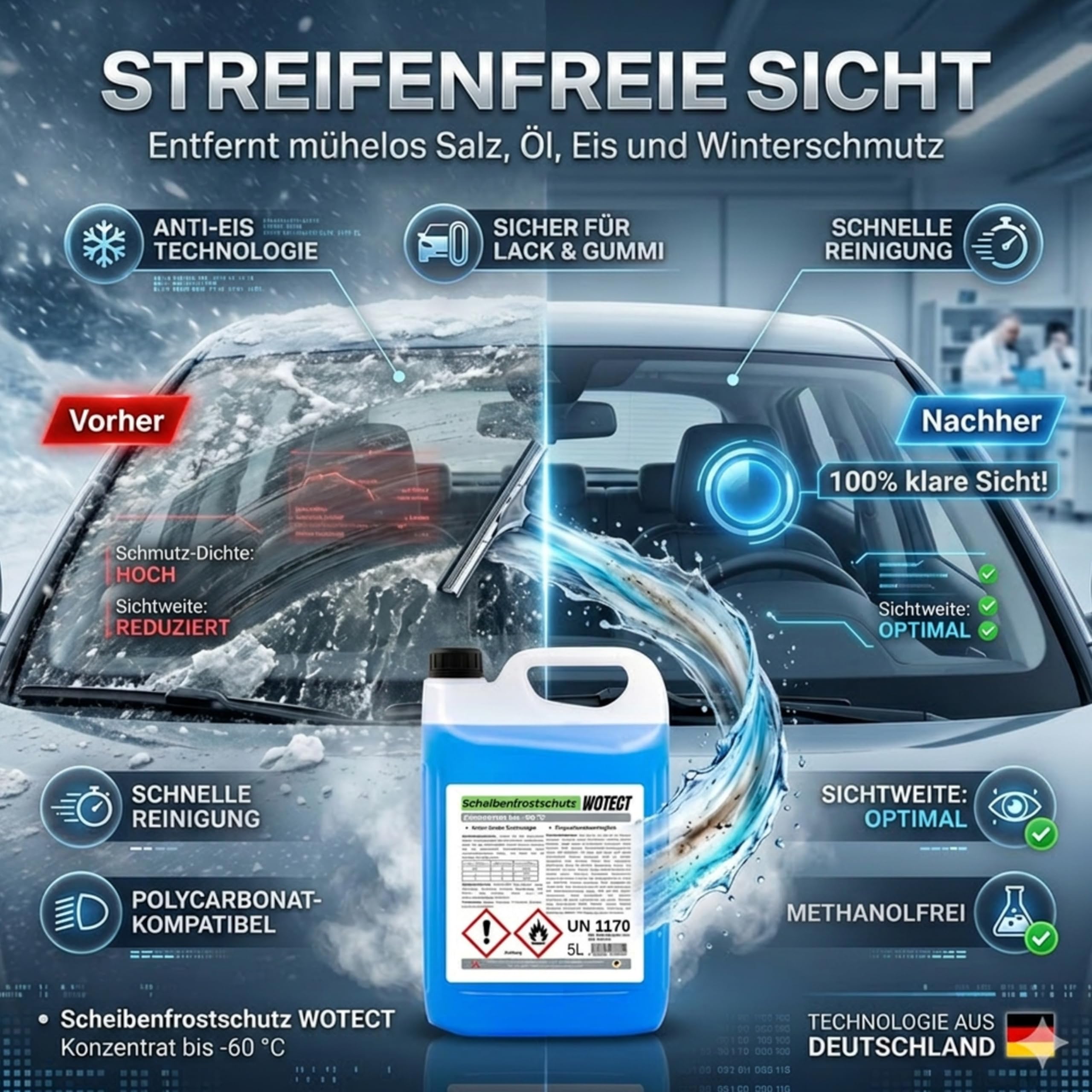 WOTECT 20L Scheibenfrostschutz Konzentrat bis -60°C – Winterscheibenreiniger Citrus Methanolfrei – Frostschutzmittel für die Auto Scheibenwaschanlage – Schnelles Enteisen & Klarsicht