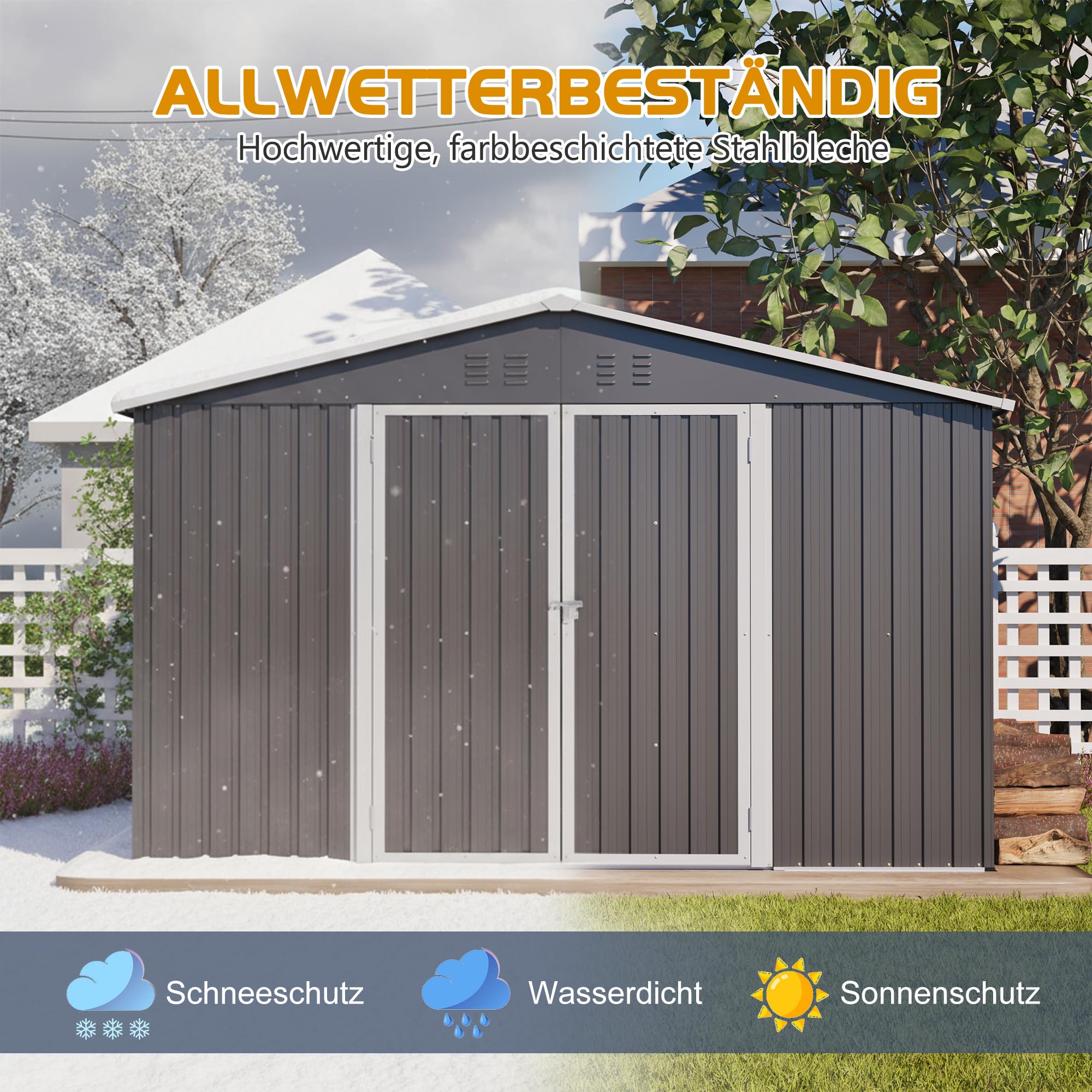 Cobertizo de Jardín Exterior, Cobertizo de Almacenamiento (XXXL) | Para Herramientas Terraza Patio, Metálico Caseta de Jardín, Con Puerta y Ventilación, Con Techo, 289x239x191 cm, Gris