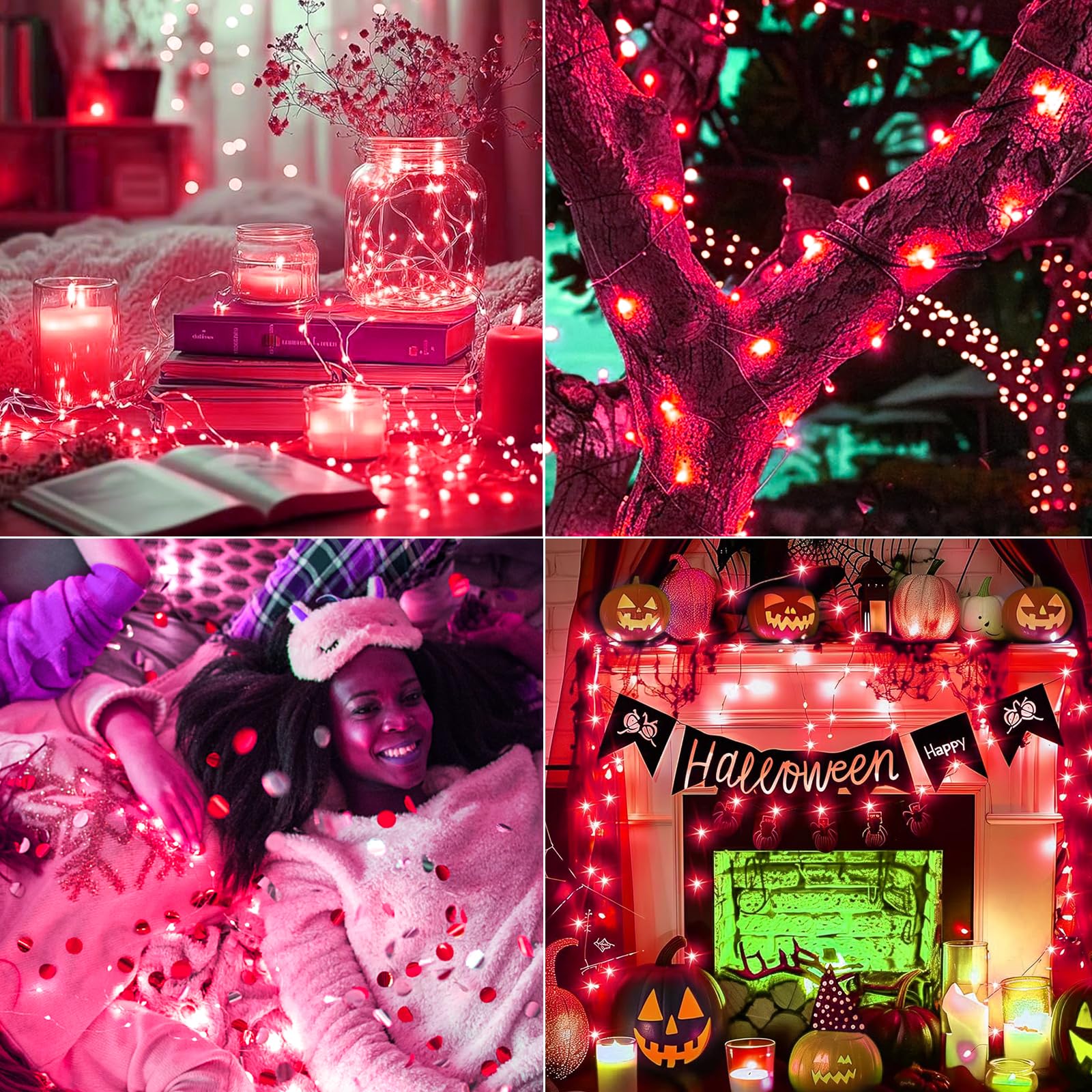 Guirnalda de luces de alambre plateado impermeable, funciona con pilas, 20 luces LED de luciérnaga y luna estrellada para bricolaje, Navidad, boda, fiesta, decoración de dormitorio (rojo