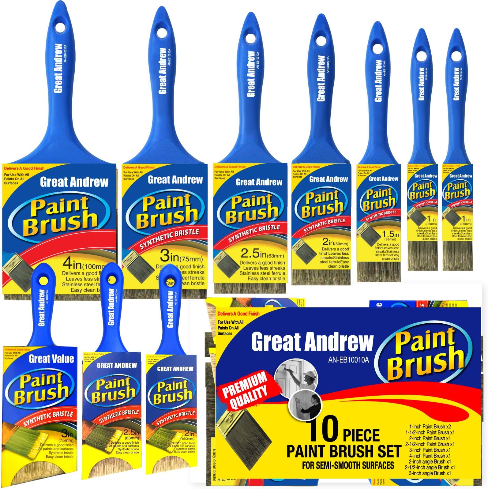 10 Pack Professional Paint Brushes (4" 3" 2" 2.5" 1.5" 1" Flat & Angle) Painters Paint Brush Set, Paint Brushes for Walls, Painting Brushes Bulk, House Painting Tool Set Kit