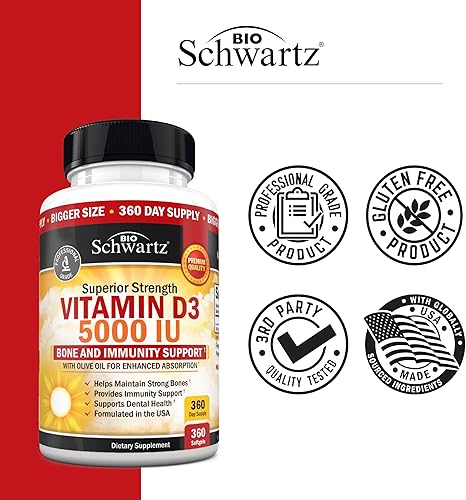 Miniatura 6 de Vitamina D3 5000 UI (125 mcg) Suplemento natural de apoyo inmunológico, fuerza ósea, función muscular saludable, con aceite de oliva para una mayor