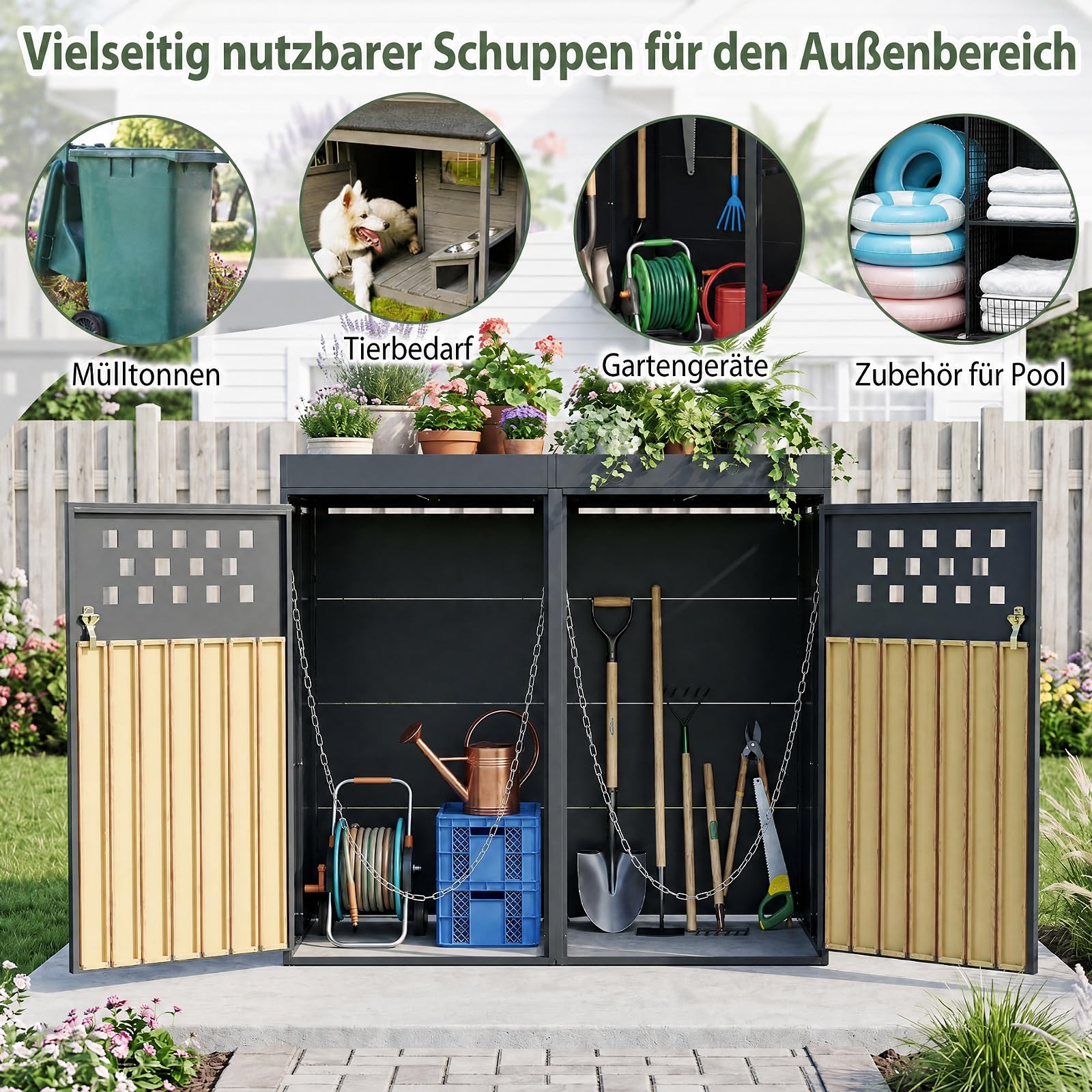 COSTWAY Mülltonnenbox 2er für 2 Tonnen aus verzinktem Stahl mit Pflanzdach | Mülltonnenverkleidung mit abschließbarem Griff, verstellbaren Fußpolstern & Sichtstreifen in Holzoptik, 132 x 80 x 124 cm