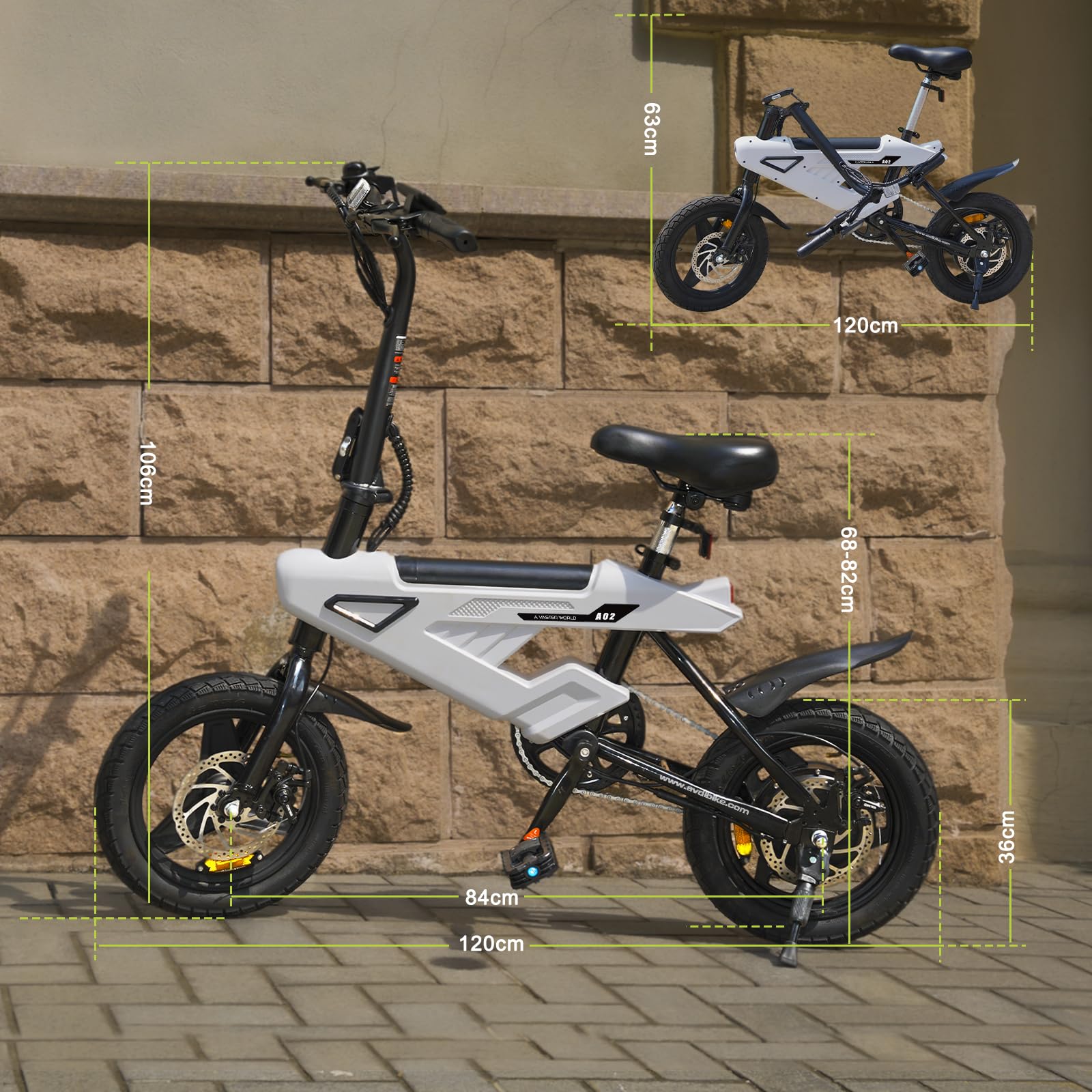 VDL E Bike Klappbar 14 Zoll Weiß für Erwachsene, Ebike mit 3+1 Modi, LCD Display, Doppelbremsen, Kompaktes e-Bike für Pendler, Reisen, Wohnmobil und Stadt