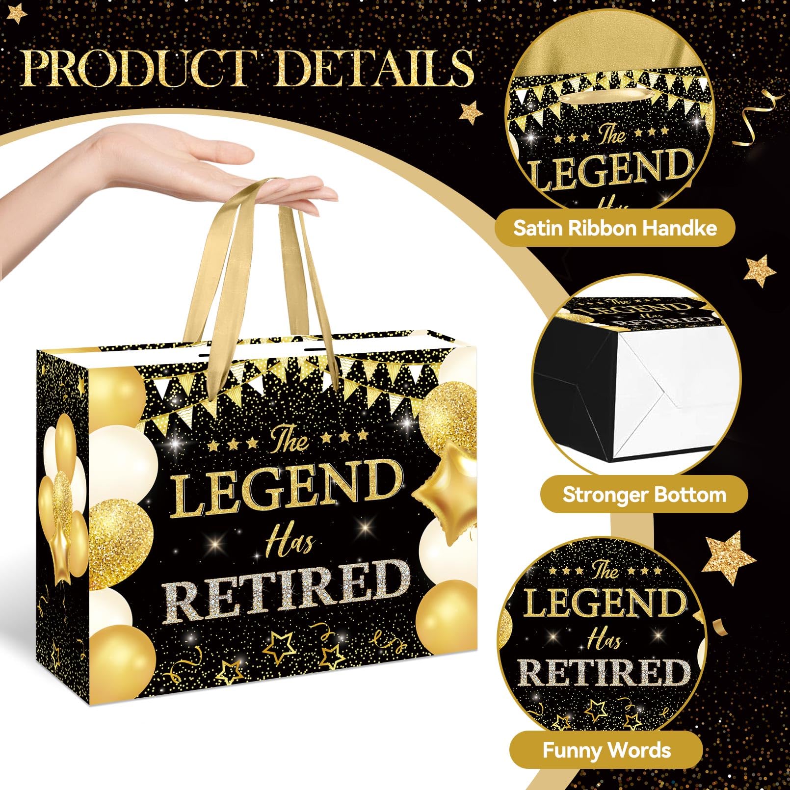 HSKMAKE Black Gold Retirement Gift Bag The Legend Has Retired Large Gift Bag with Greeting Card Gold Tissue Paper for Women Men Coworker Farewell Going Away Party Favors Decorations Supplies